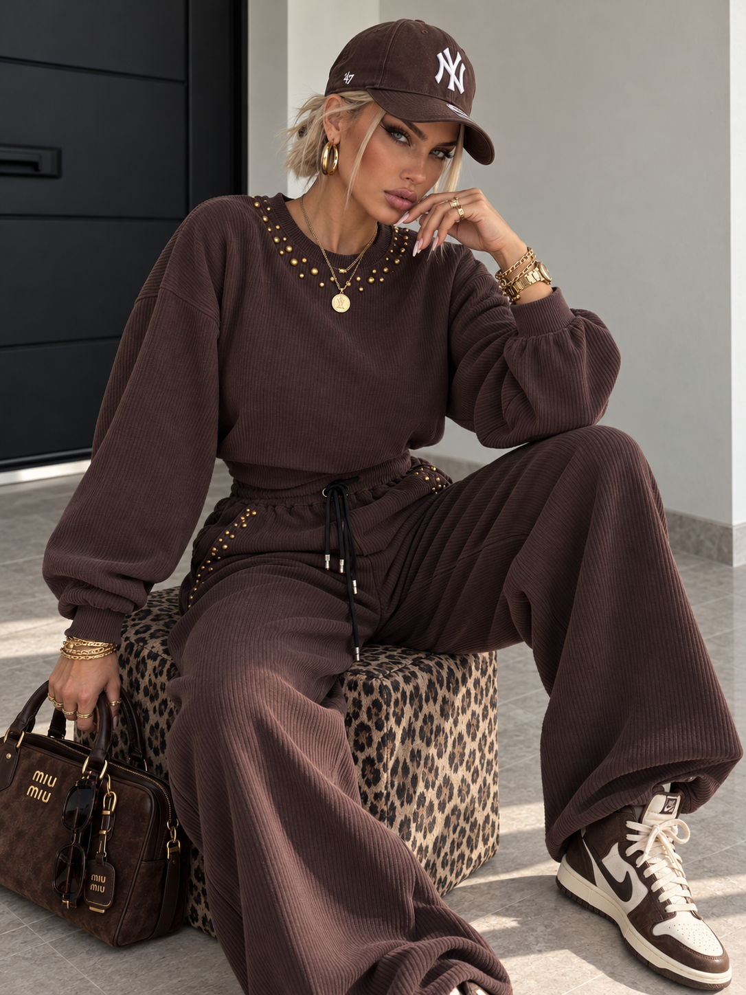 Completo Due Pezzi Cioccolato con Borchie Dorate - R.a. Boutique