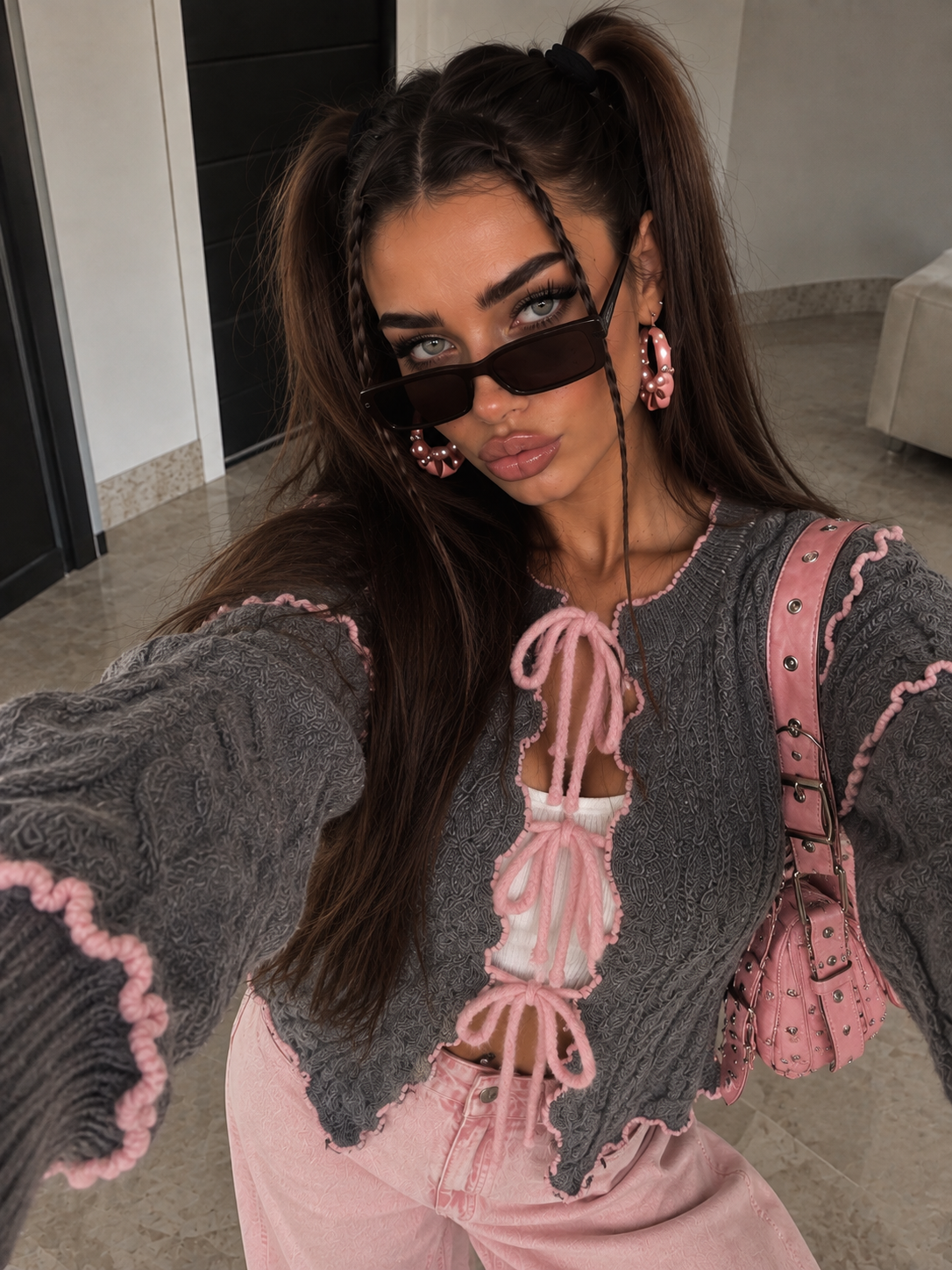 Cardigan a Trecce con Profili a Contrasto Grigio Rosa - R.a. Boutique