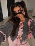 Cardigan a Trecce con Profili a Contrasto Grigio Rosa - R.a. Boutique