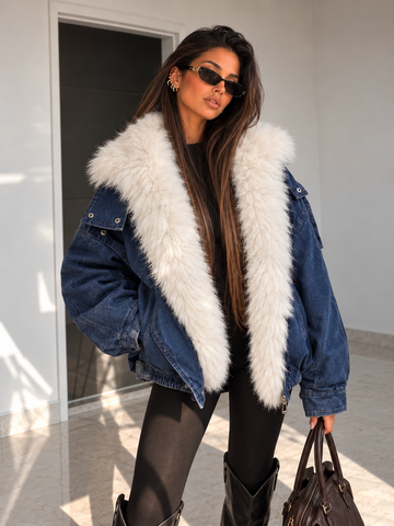 Giacca Denim Snow con Maxi Collo Effetto Pelliccia - R.a. Boutique