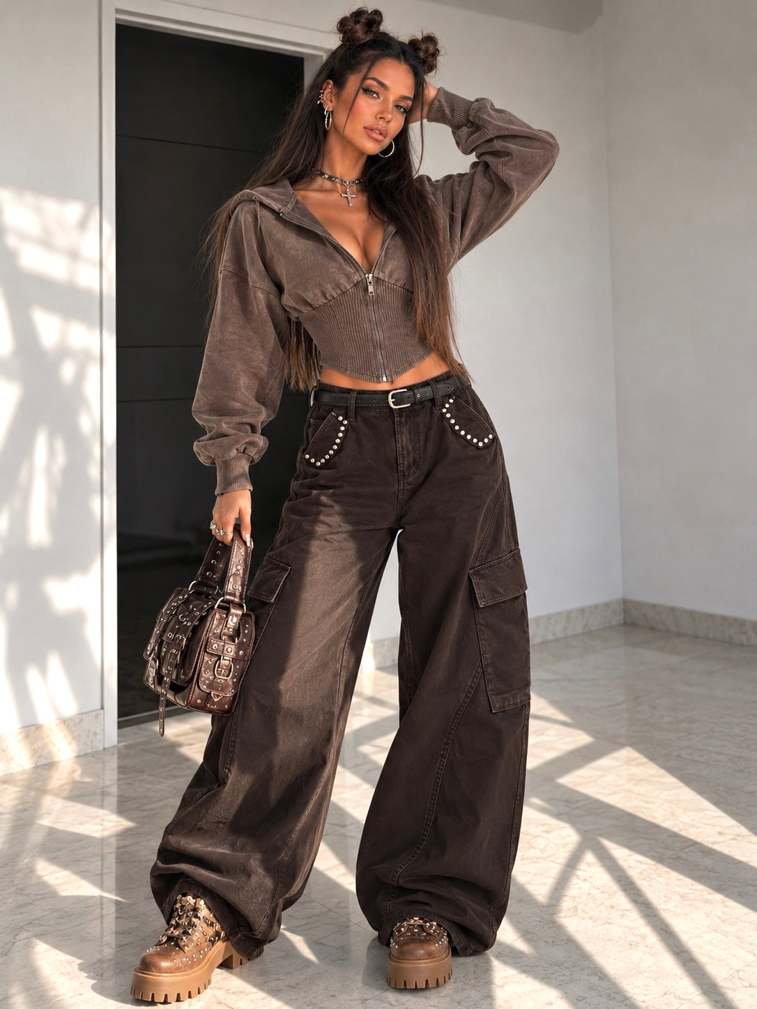 Pantalone Cargo con Borchie e Cintura Inclusa Marrone - R.a. Boutique
