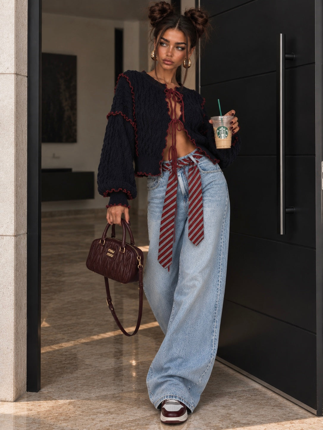 Cardigan a Trecce con Profili a Contrasto Blu Bordeaux - R.a. Boutique