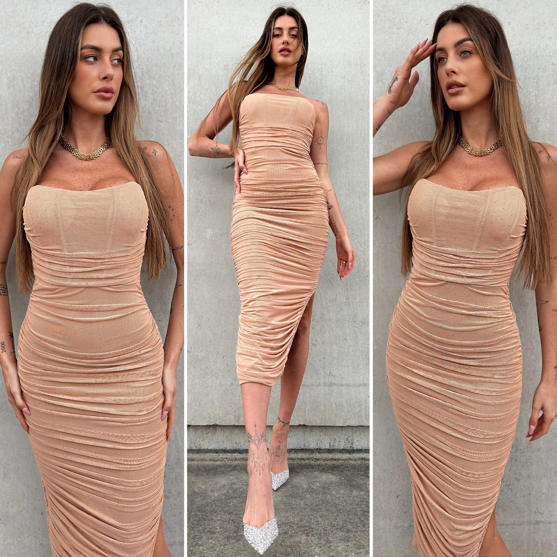 Abito a fascia midi nude con strass - R.a. Boutique 