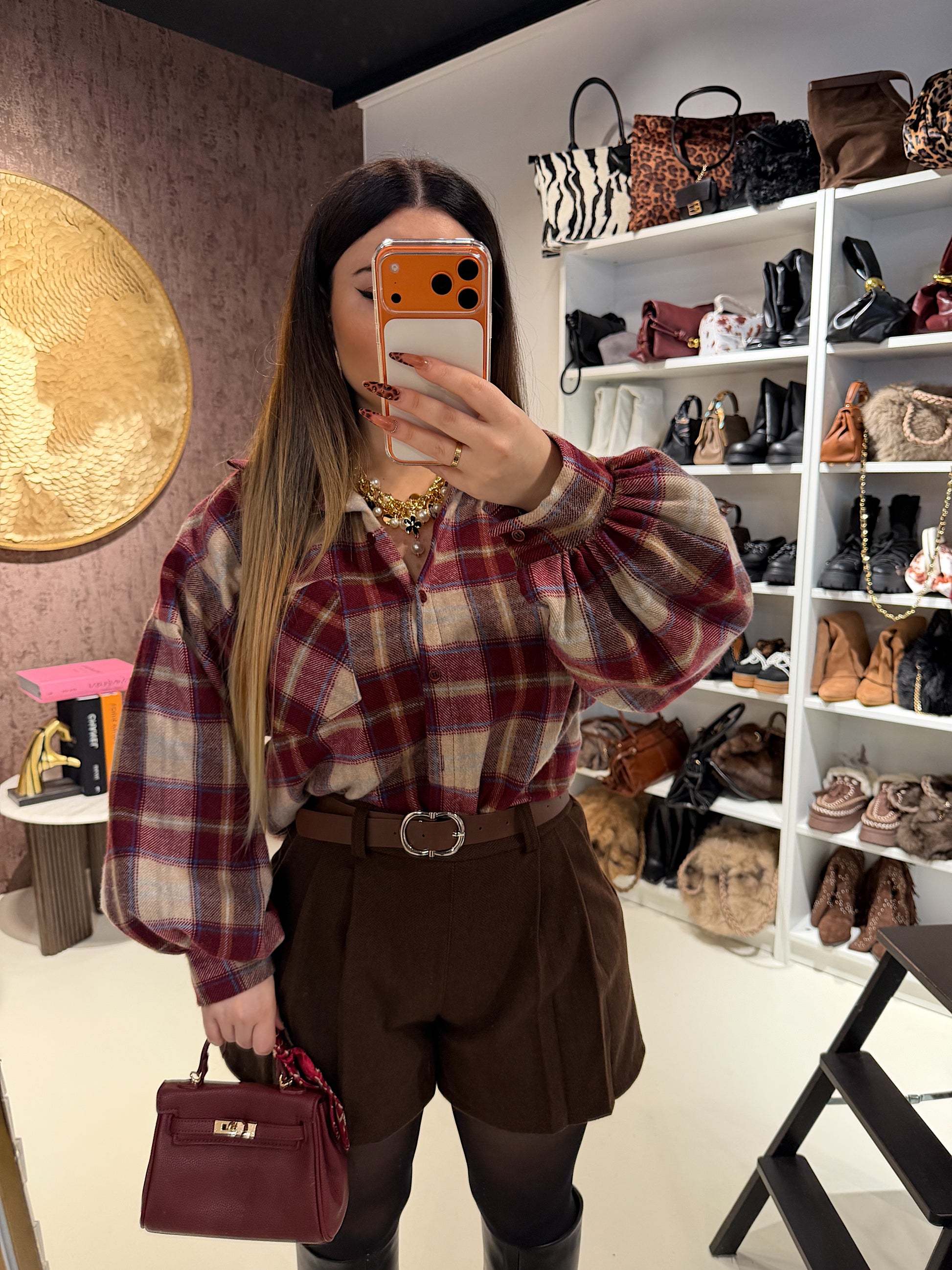 Camicia a quadri bordeaux beige - R.a. Boutique