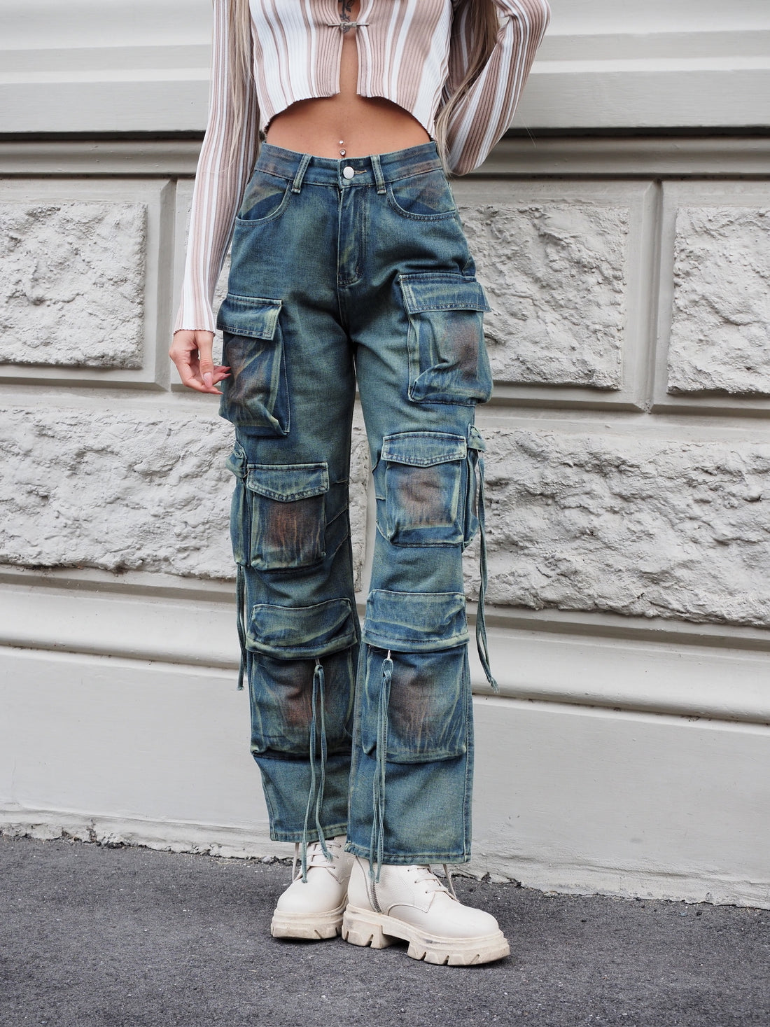 Cargo maxi con tasconi jeans macchiato - R.a. Boutique 