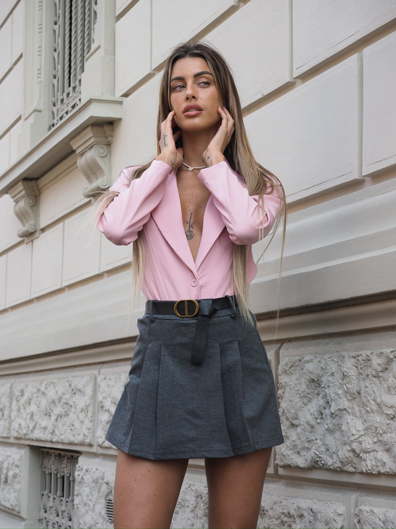 Gonna a pieghine con cintura grigio - R.a. Boutique 