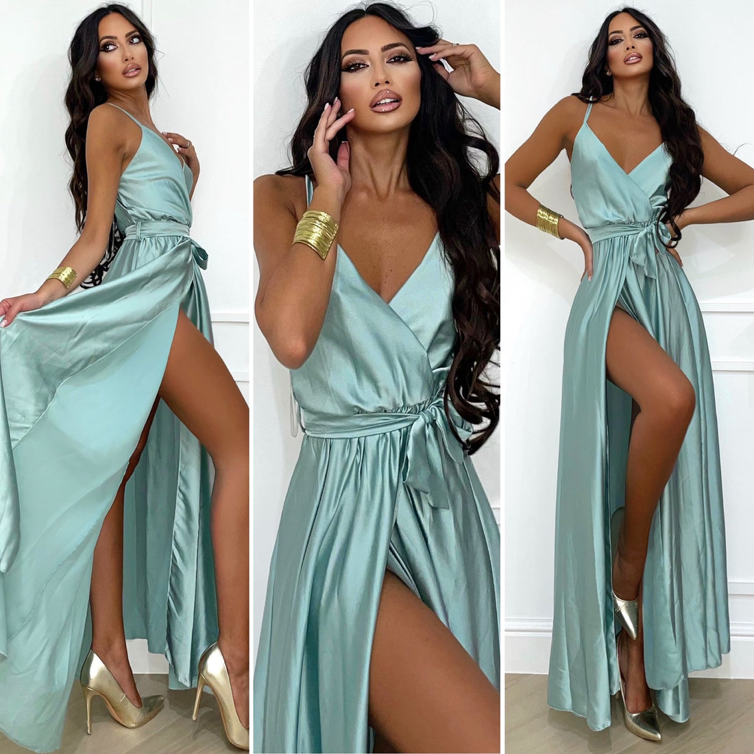 Abito in raso con maxi spacco tiffany - R.a. Boutique 