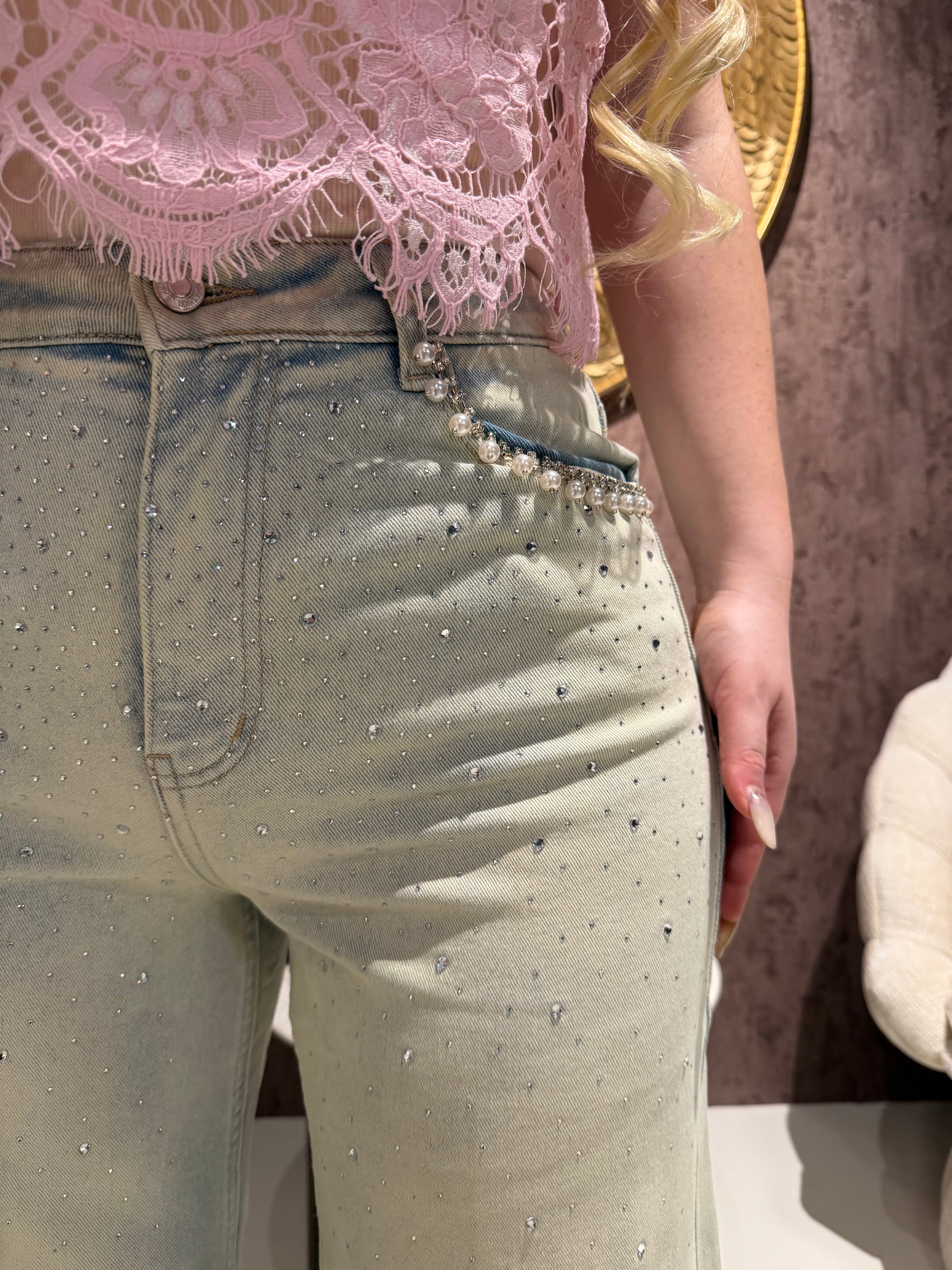 Jeans con Strass e Dettaglio Perle - R.a. Boutique