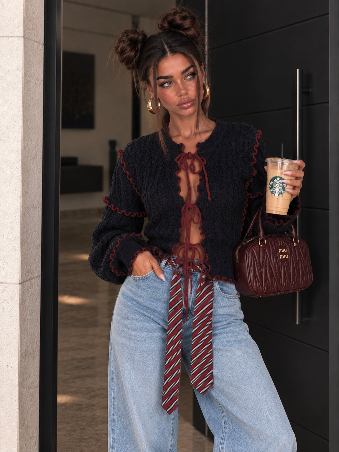Cardigan a Trecce con Profili a Contrasto Blu Bordeaux - R.a. Boutique