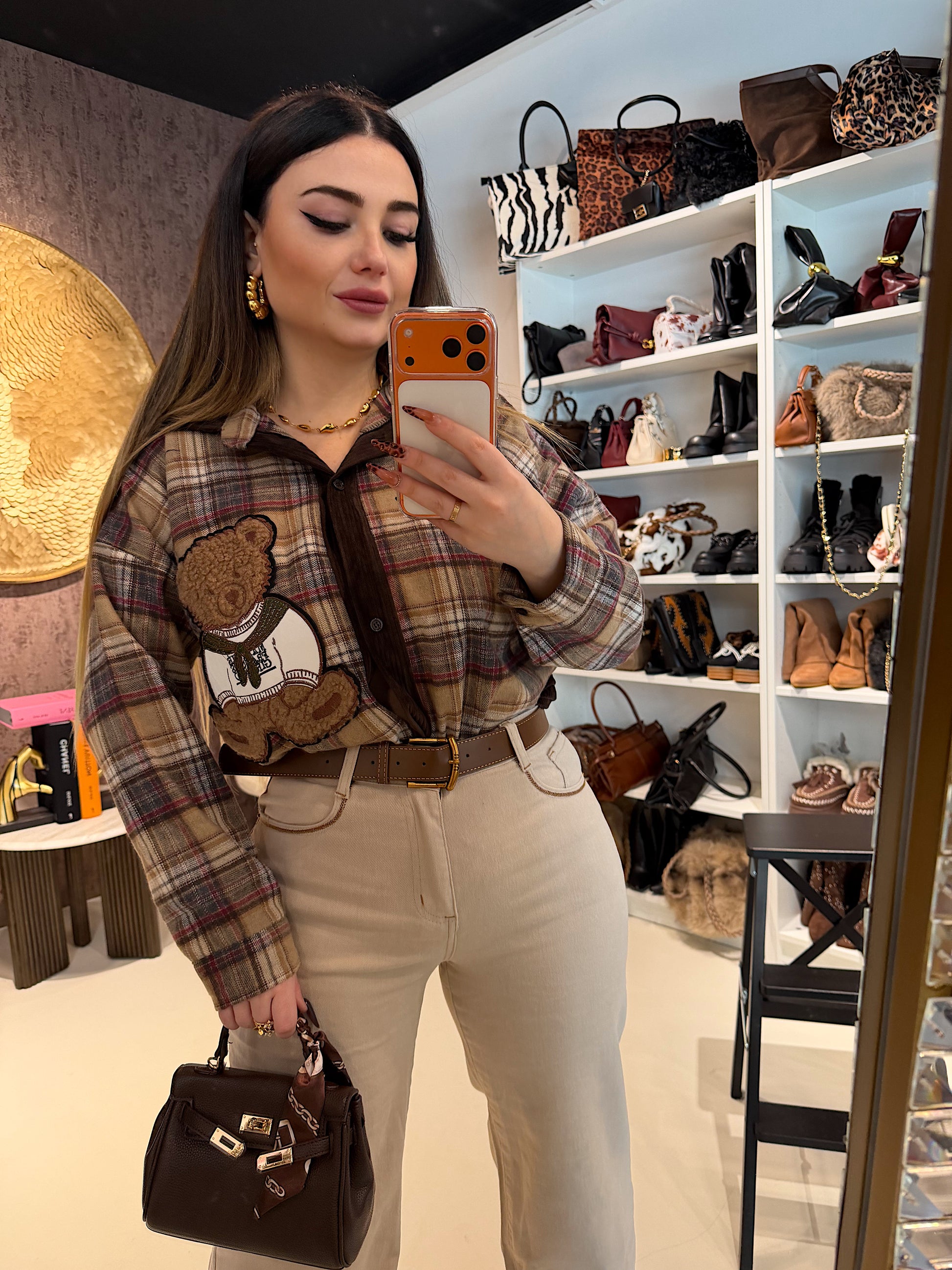 Camicia a quadri con orsetto in rilievo - R.a. Boutique