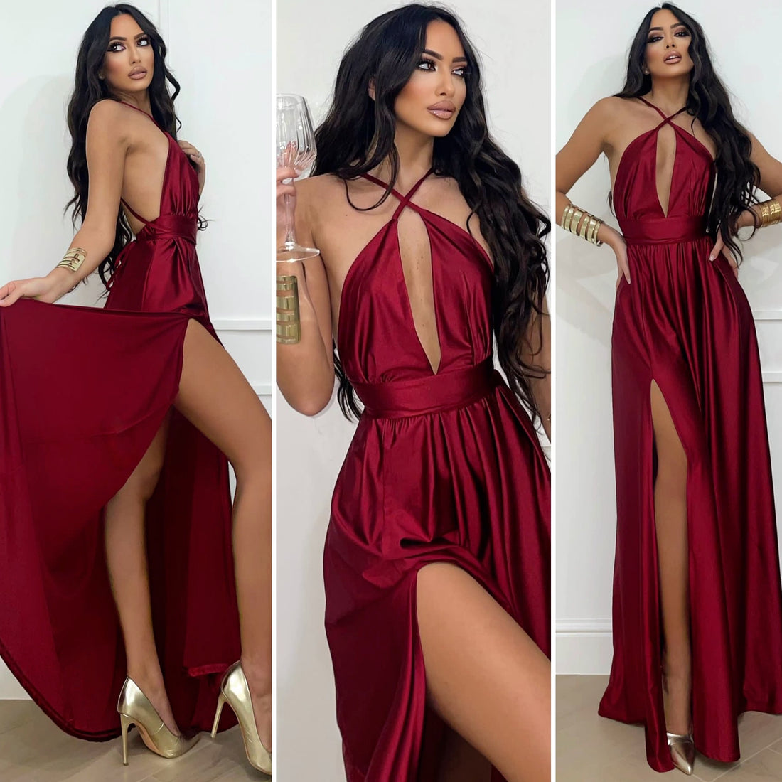 Abito lungo in raso bordeaux - R.a. Boutique 