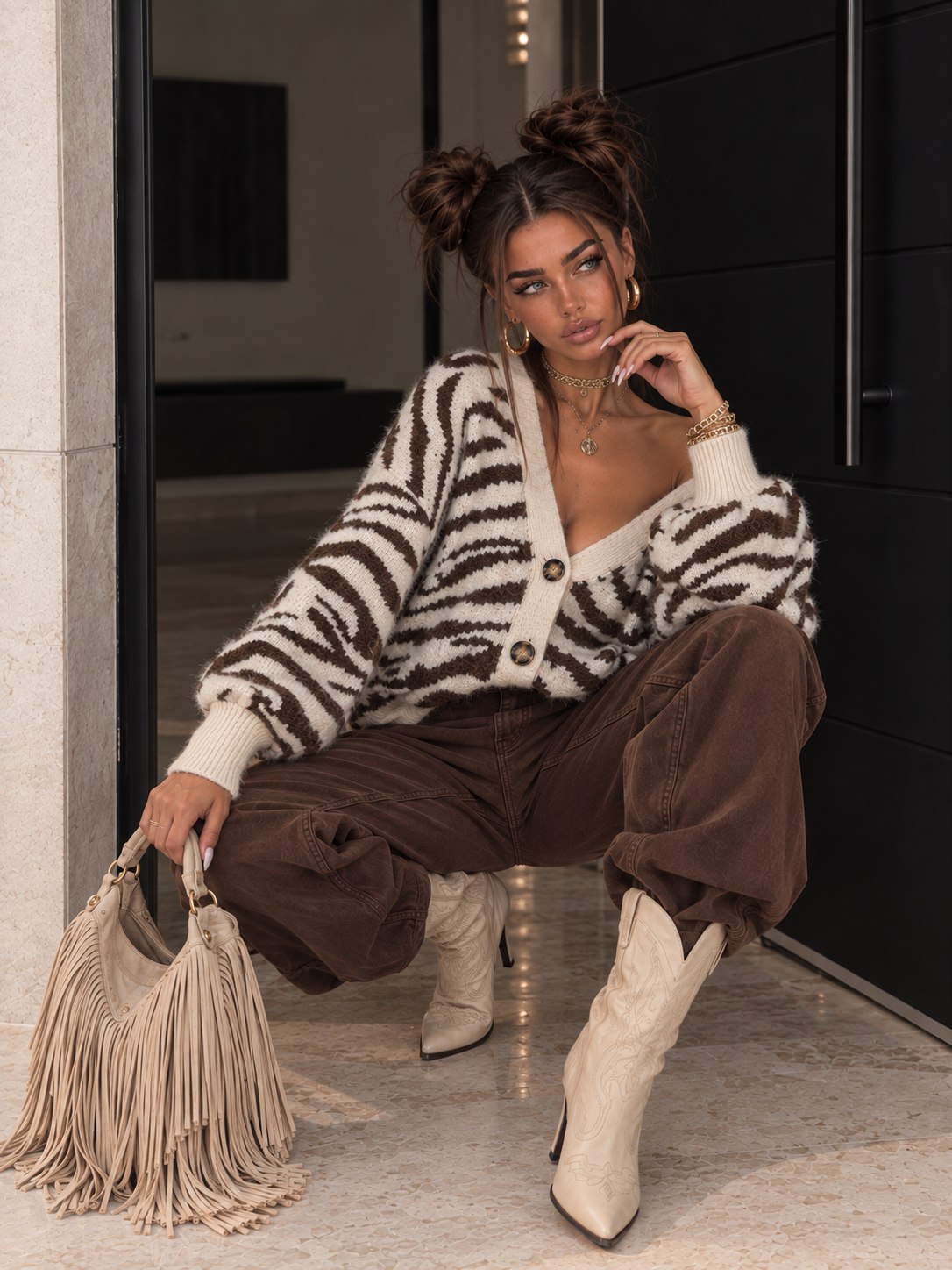 Cardigan Zebrato Panna e Marrone - R.a. Boutique