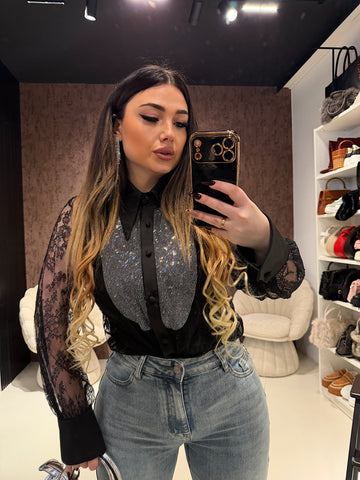 Camicia in Pizzo Nero con Inserto Gioiello - R.a. Boutique