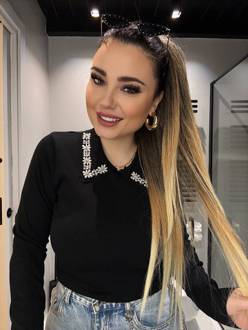 Maglioncino nero con strass e perle - R.a. Boutique