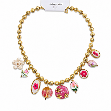 Collana Sfere Dorate con fiori rosa - R.a. Boutique