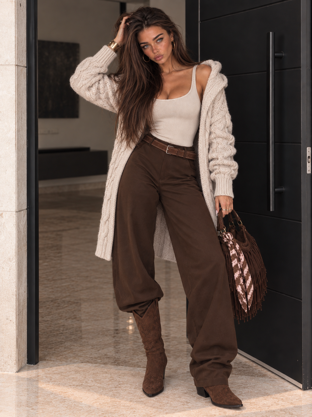 Cardigan Lungo a Trecce con Cappuccio Beige - R.a. Boutique