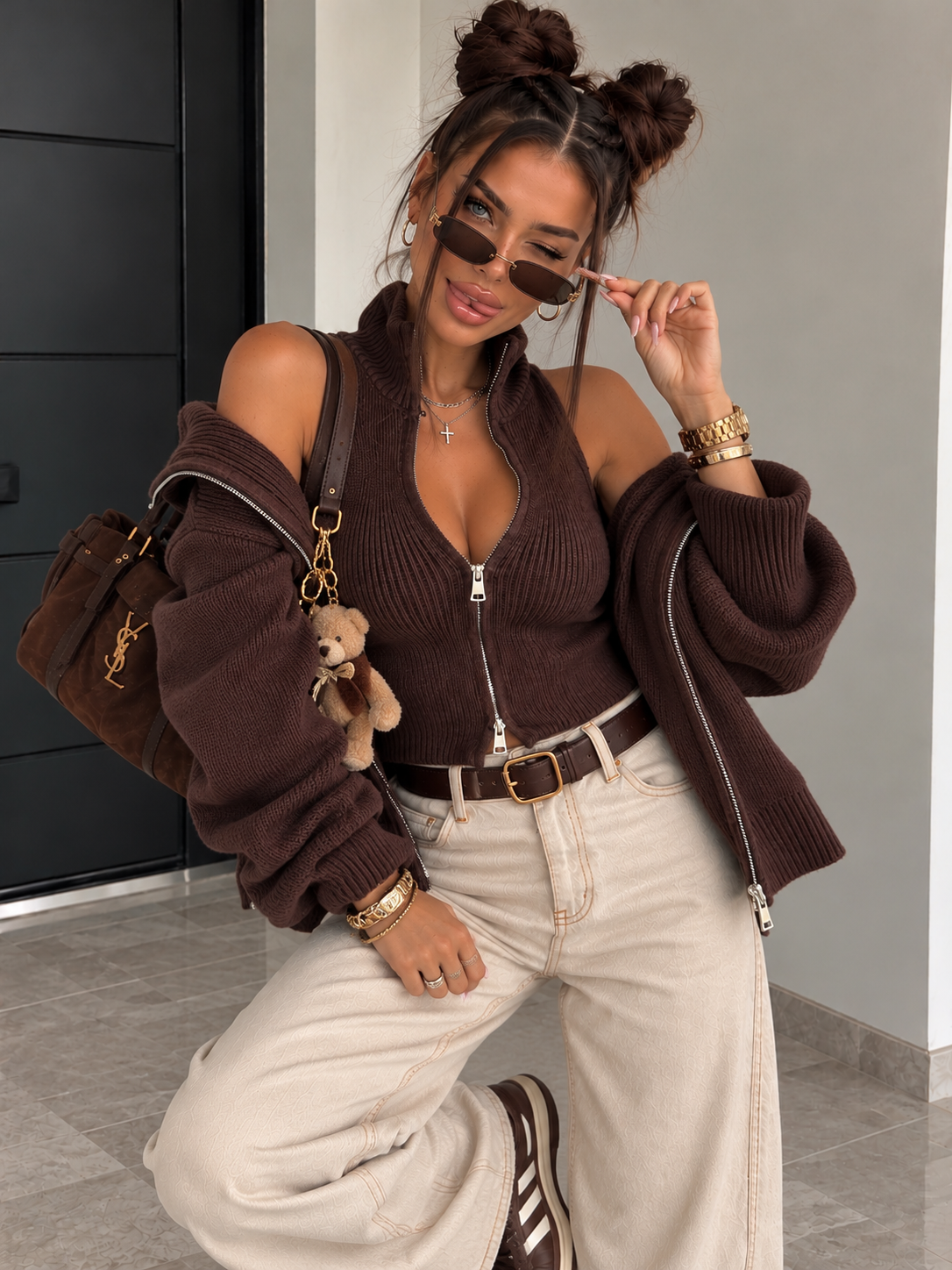 Set Twin Zip in Maglia con Gilet e Giacca - Marrone caffè - R.a. Boutique