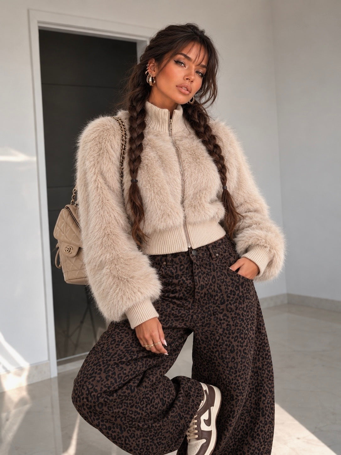 Giacca Eco Pelliccia con Zip Beige - R.a. Boutique