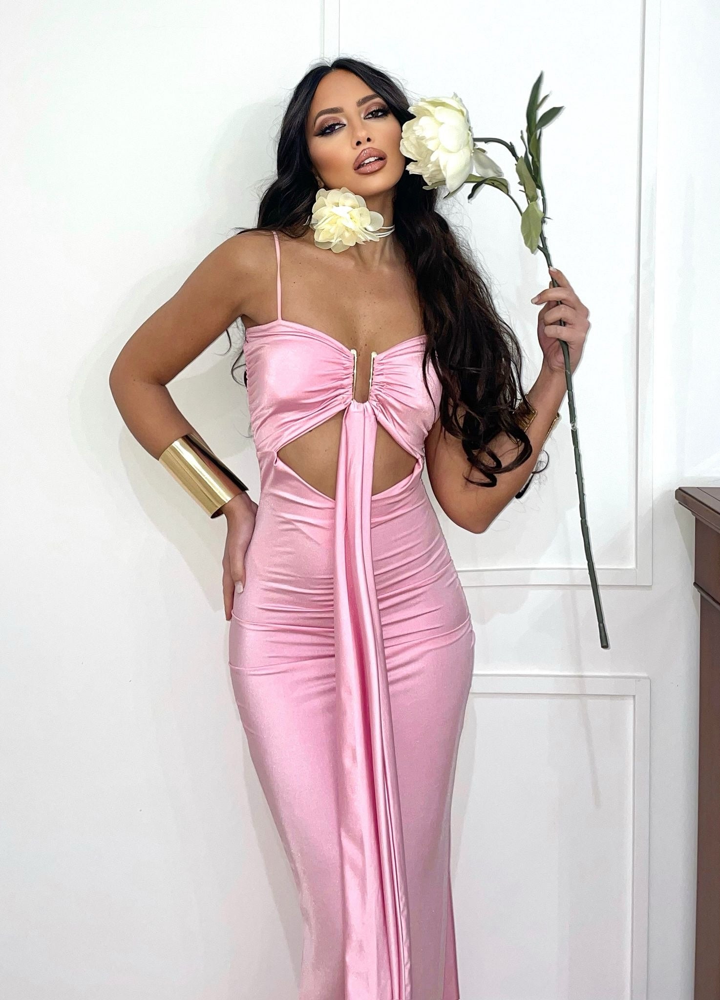 Abito lungo rosa scollo a U e fusciacca - R.a. Boutique