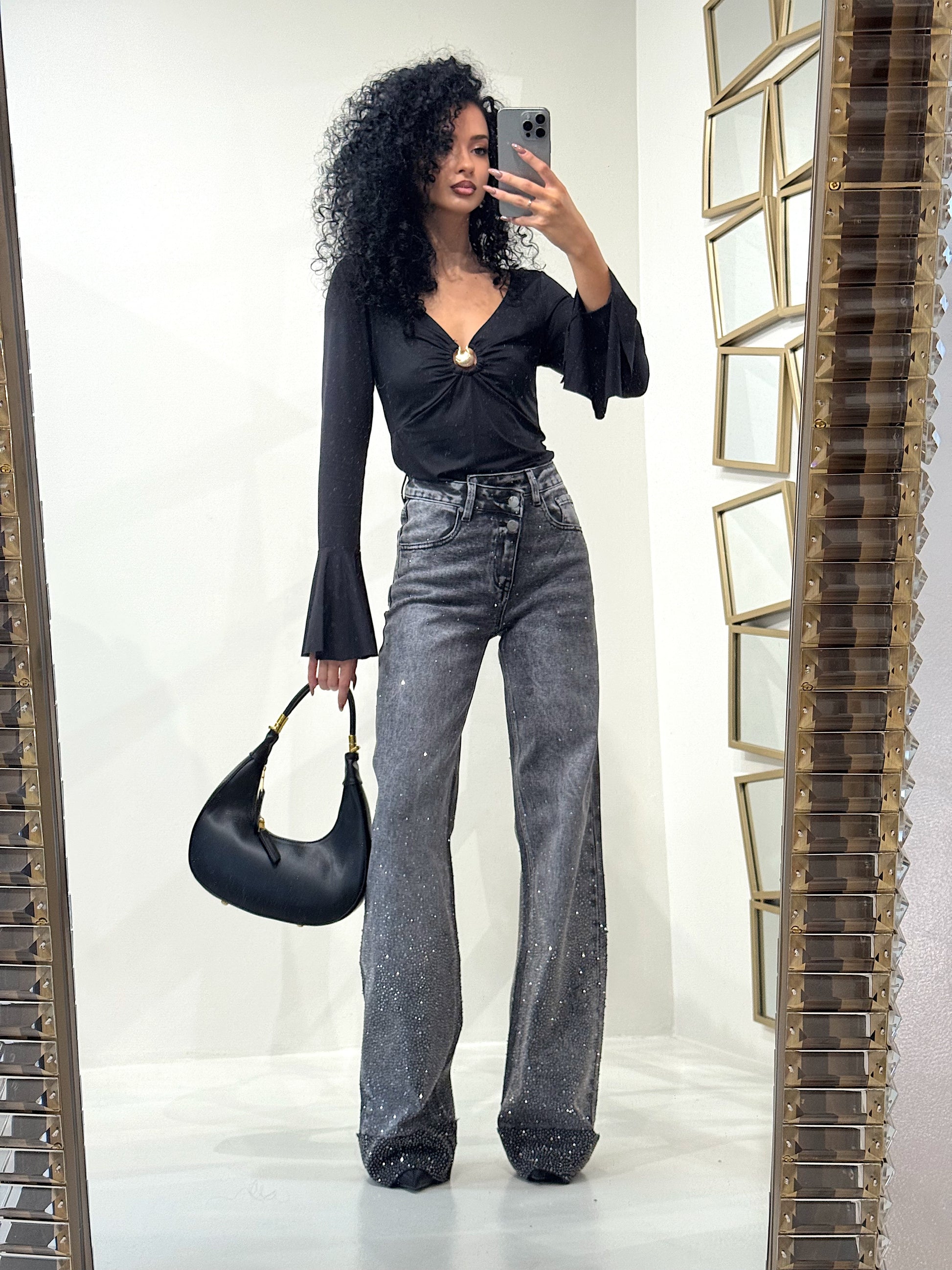 Jeans scuro con strass e risvolto - R.a. Boutique