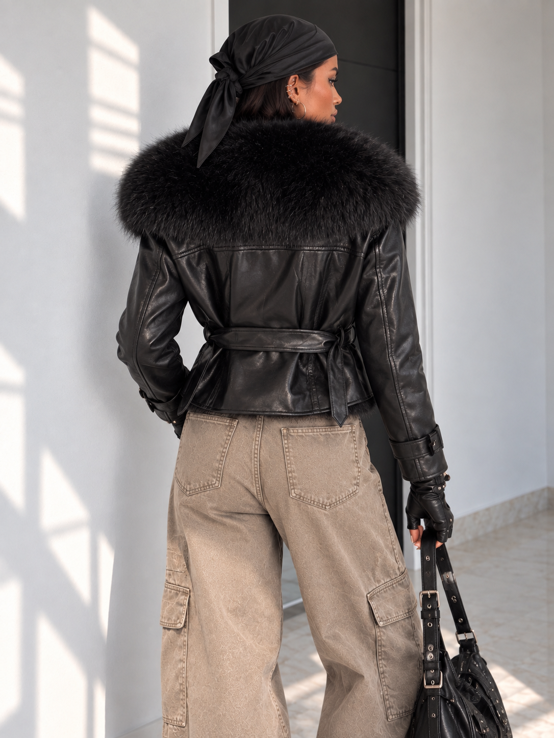 Giacca Diva Nera con Maxi Collo in Pelo e Cintura - R.a. Boutique