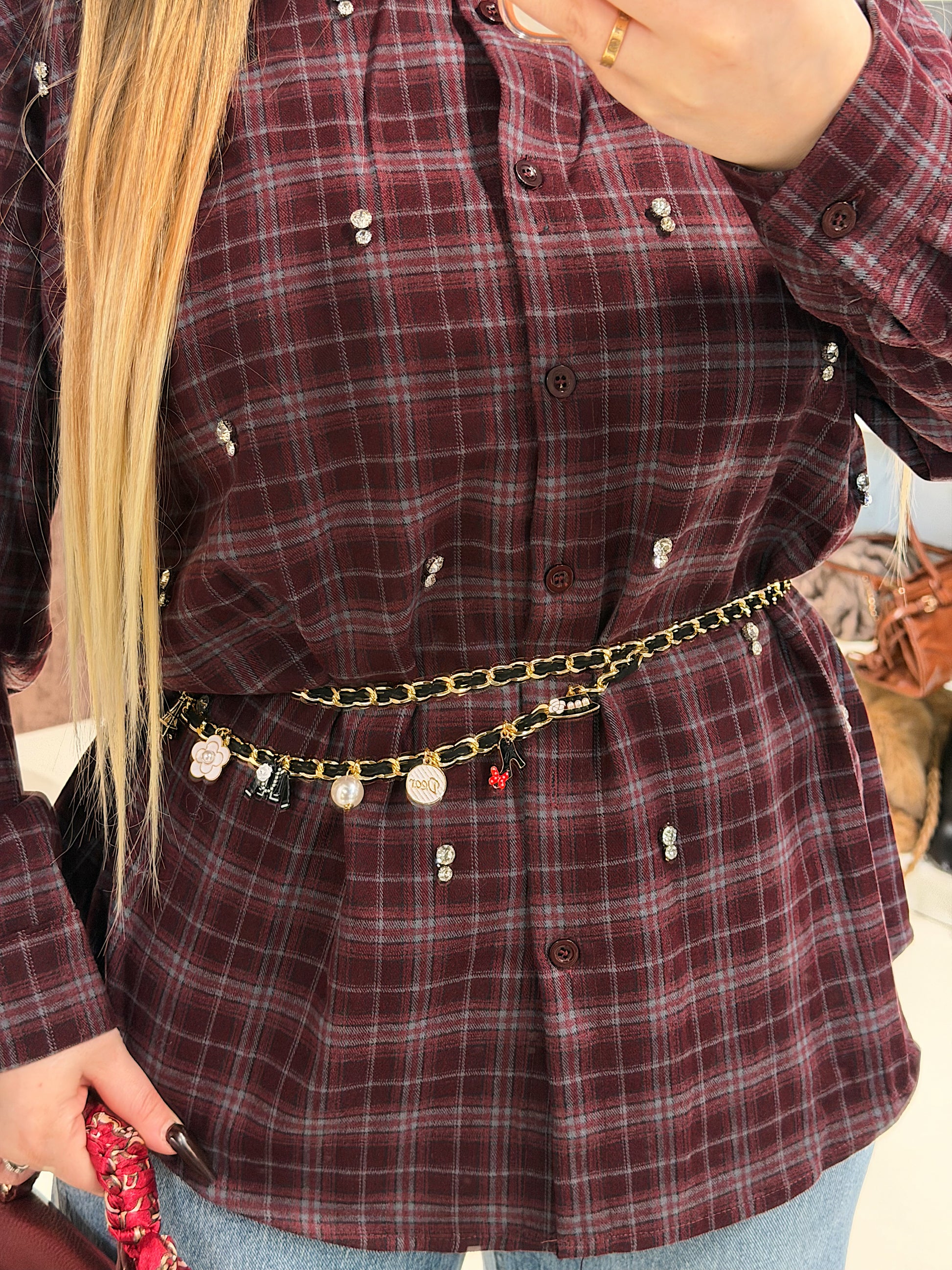 Camicia a quadri bordeaux con strass - R.a. Boutique