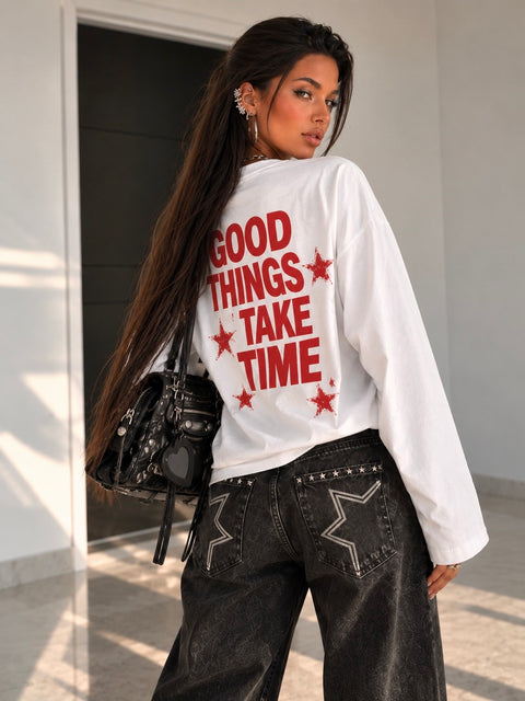 Maglia Oversize Time Bianca con Stampa Rossa