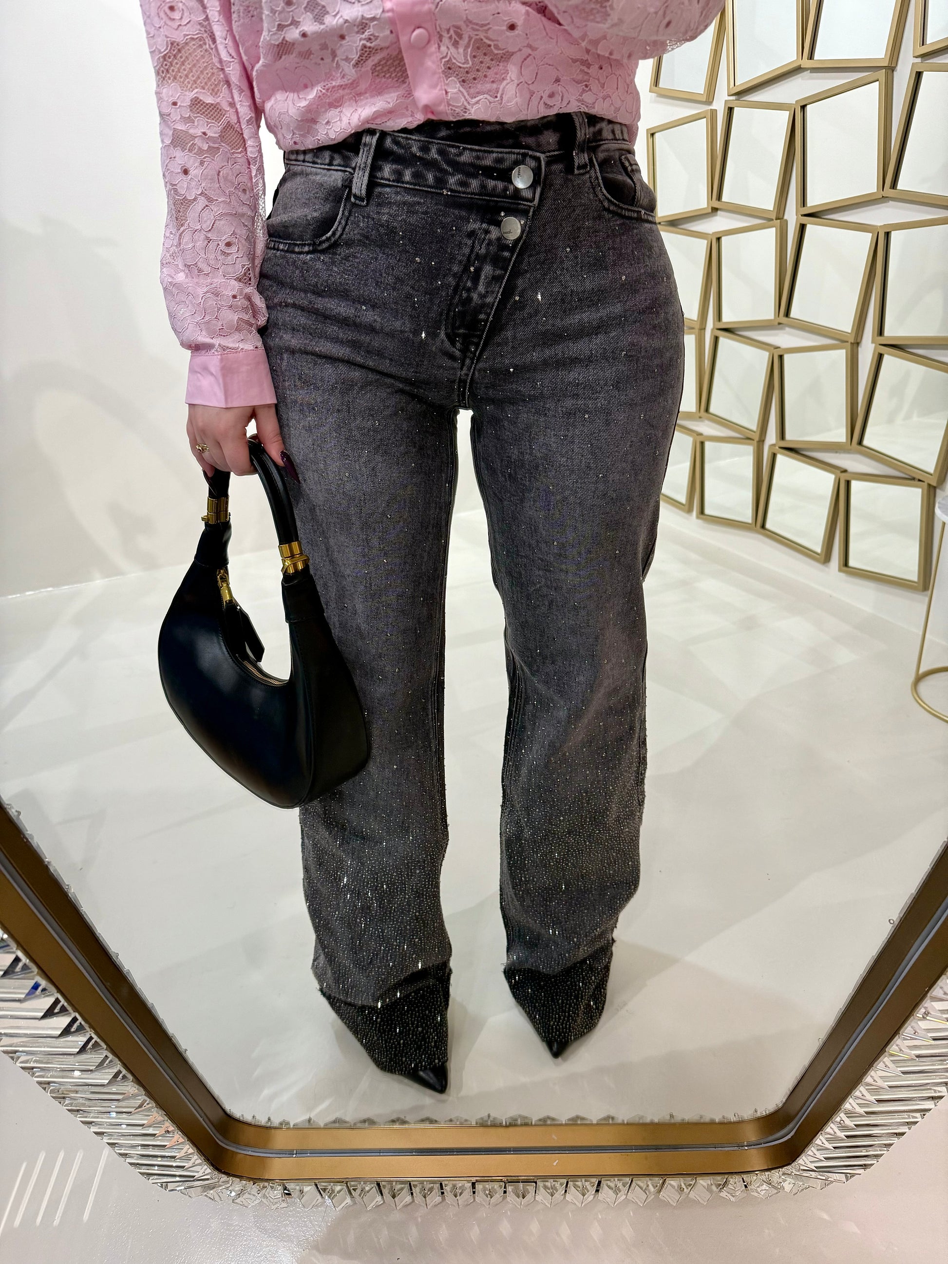 Jeans scuro con strass e risvolto - R.a. Boutique