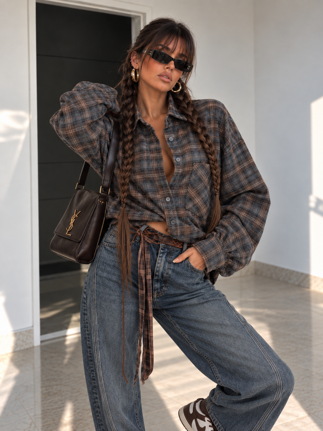 Camicia Over Tartan Grigia con Polsini Larghi - R.a. Boutique
