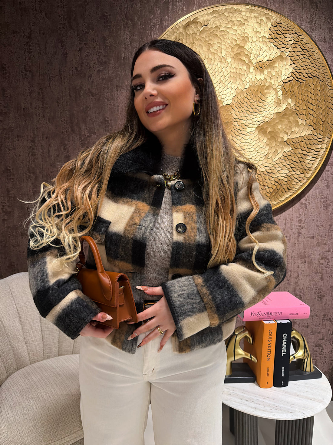 Giacca check con pelo