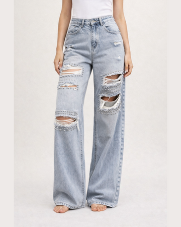 Jeans Wide Leg Strappi e Borchie