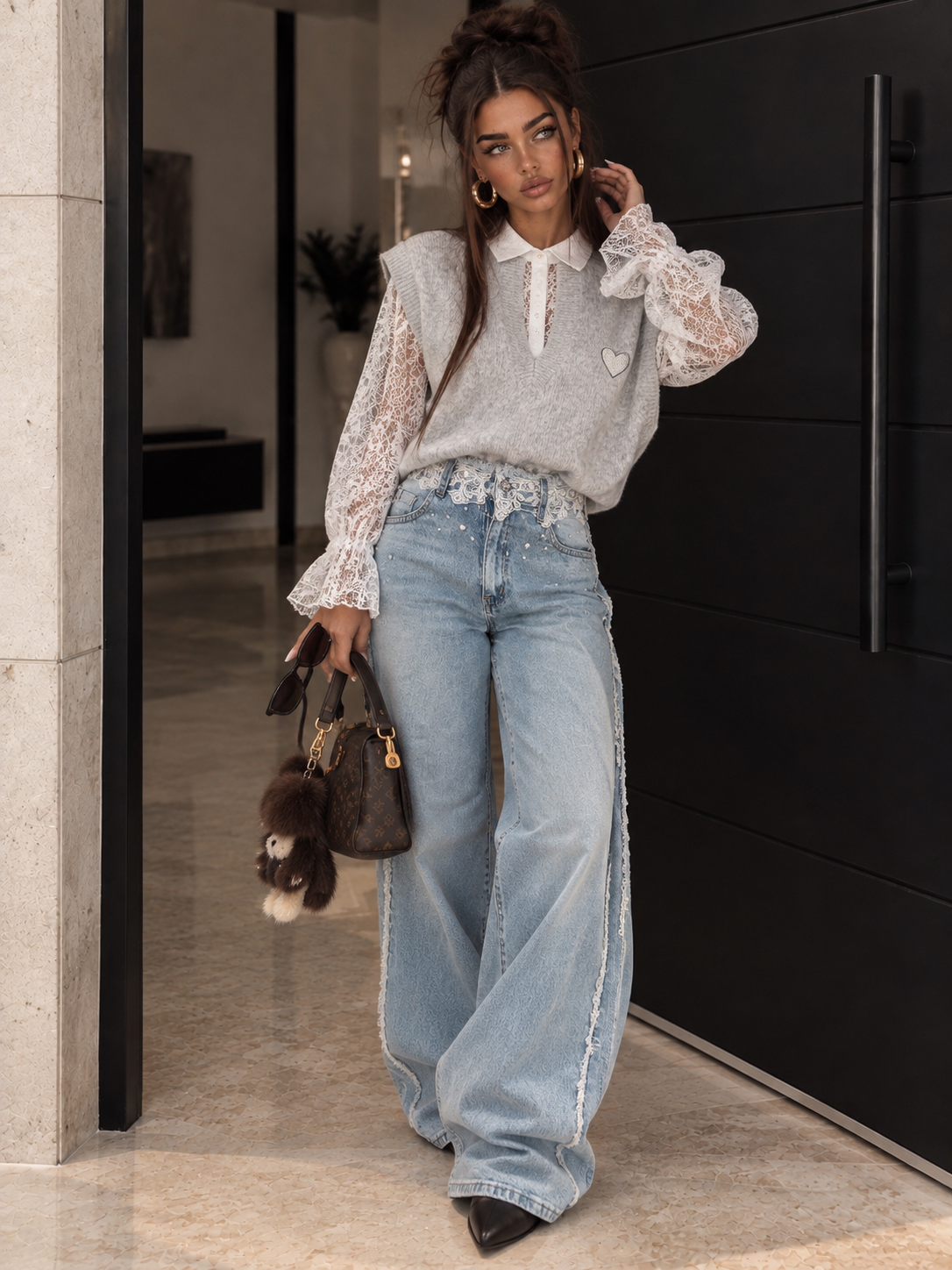 Jeans con pizzo e perle - R.a. Boutique