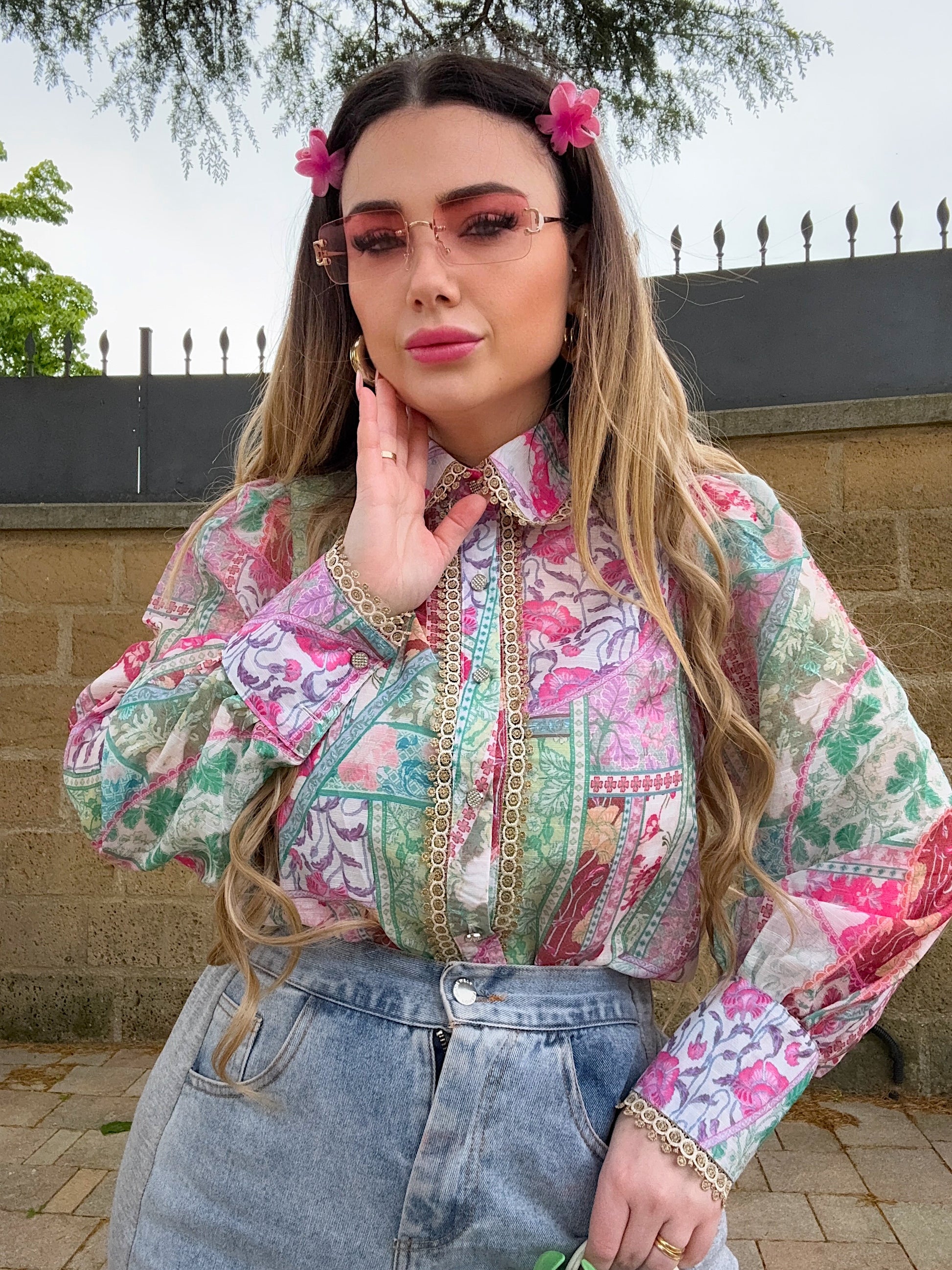 Camicia verde Fuxia con dettaglio oro - R.a. Boutique