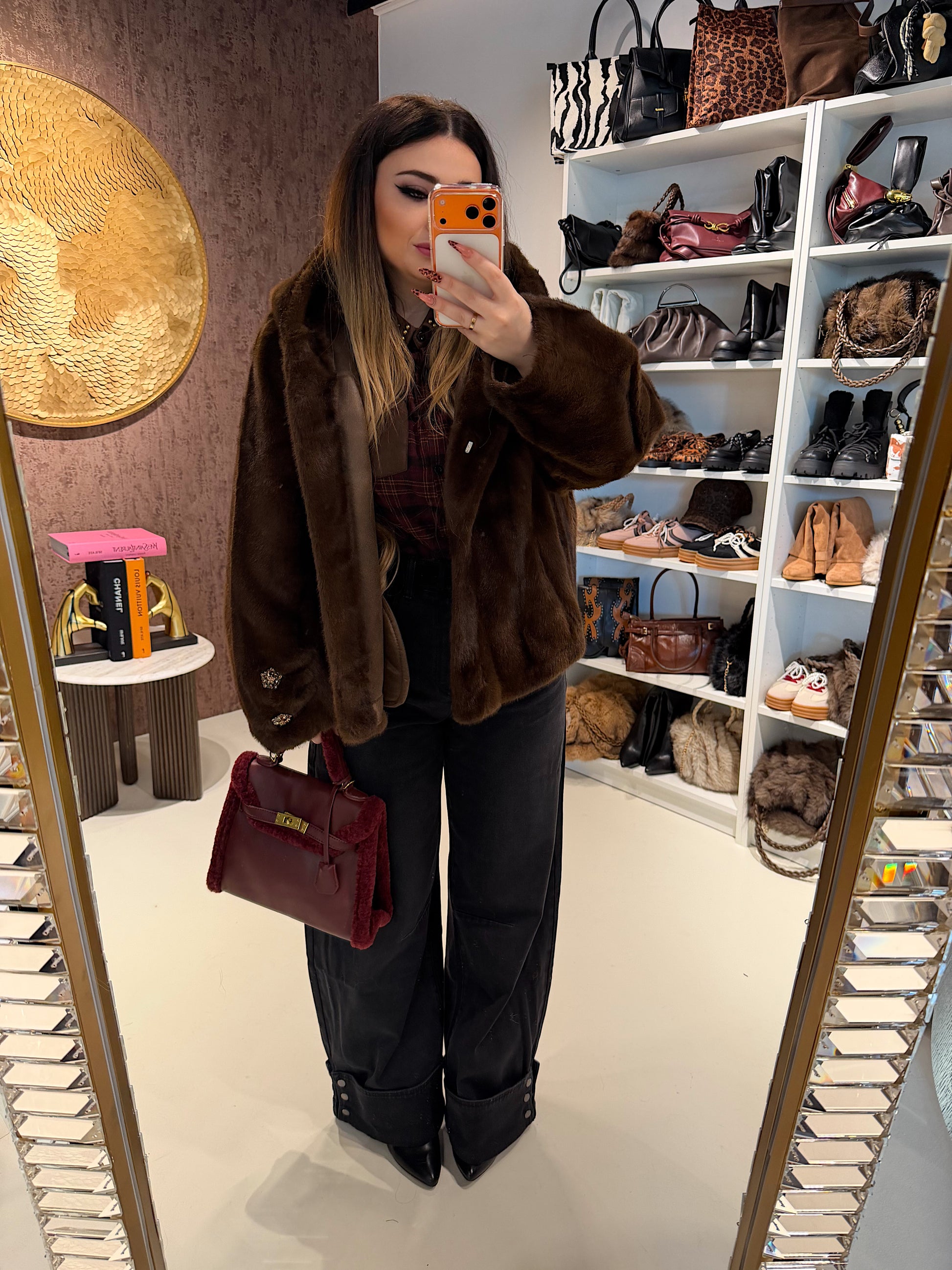 Giacca Pelliccia Elegance bordeaux e marrone - R.a. Boutique