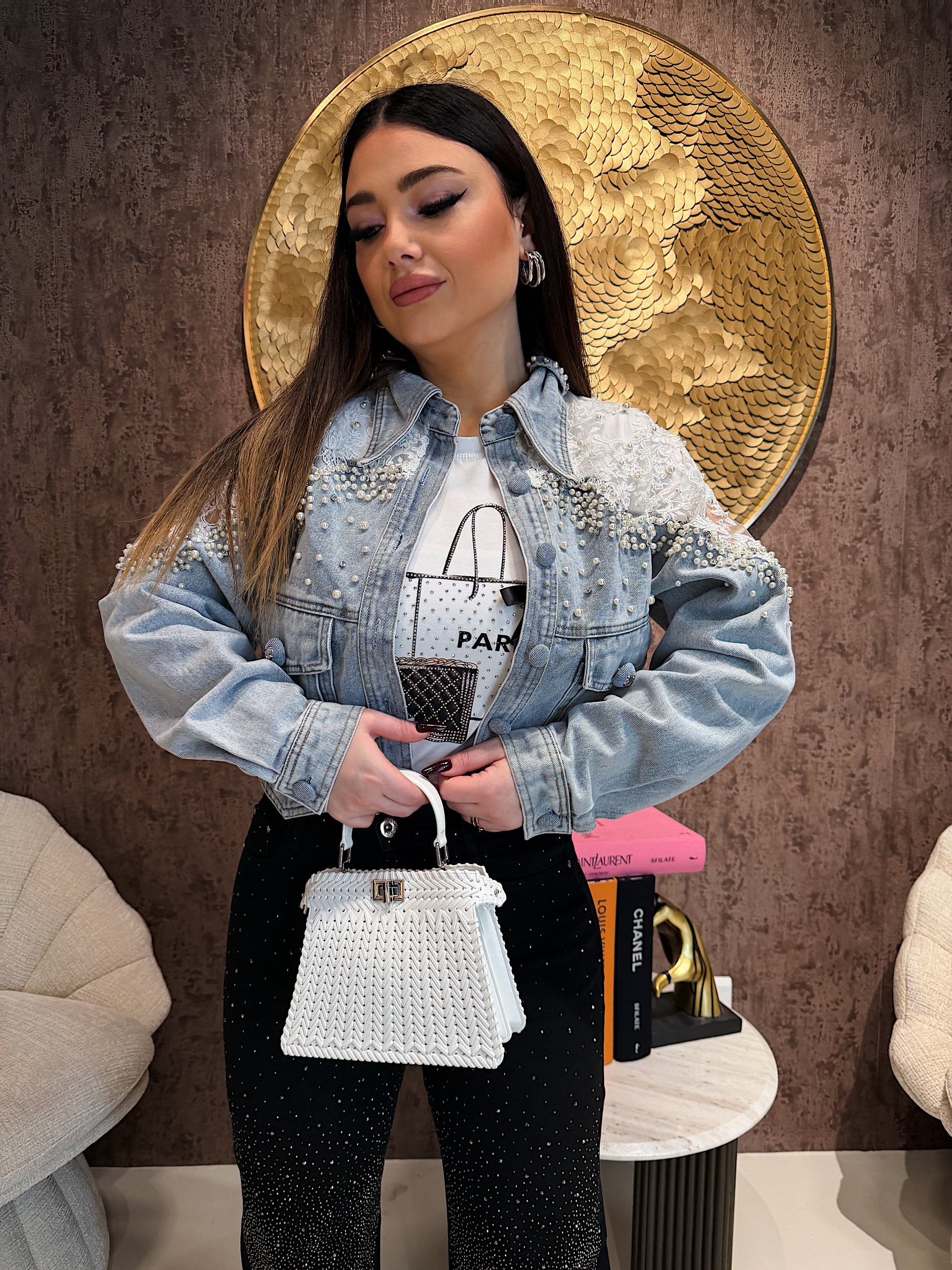 Giacca Denim Pearl Lace Cropped - R.a. Boutique