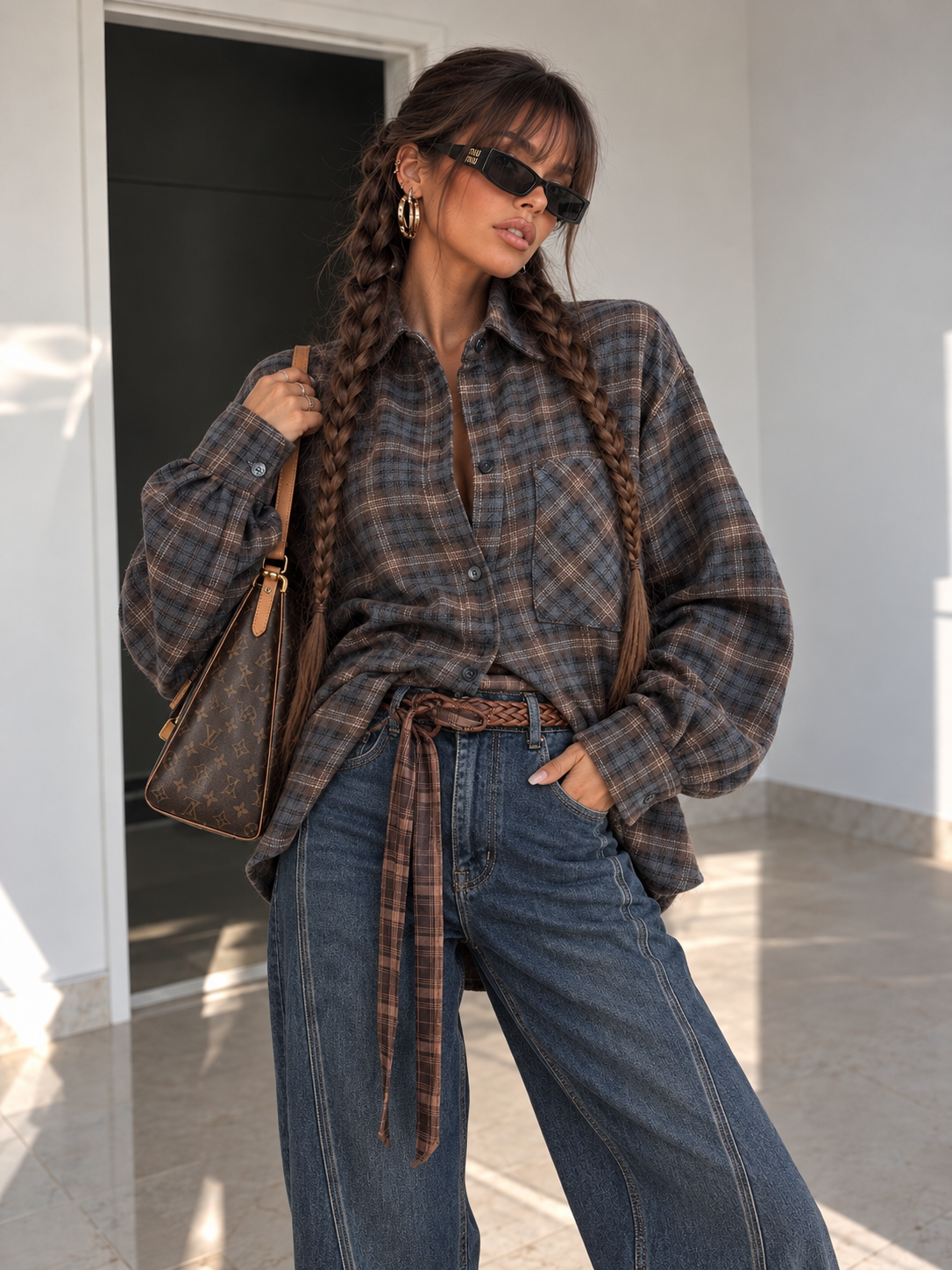 Camicia Over Tartan Grigia con Polsini Larghi - R.a. Boutique