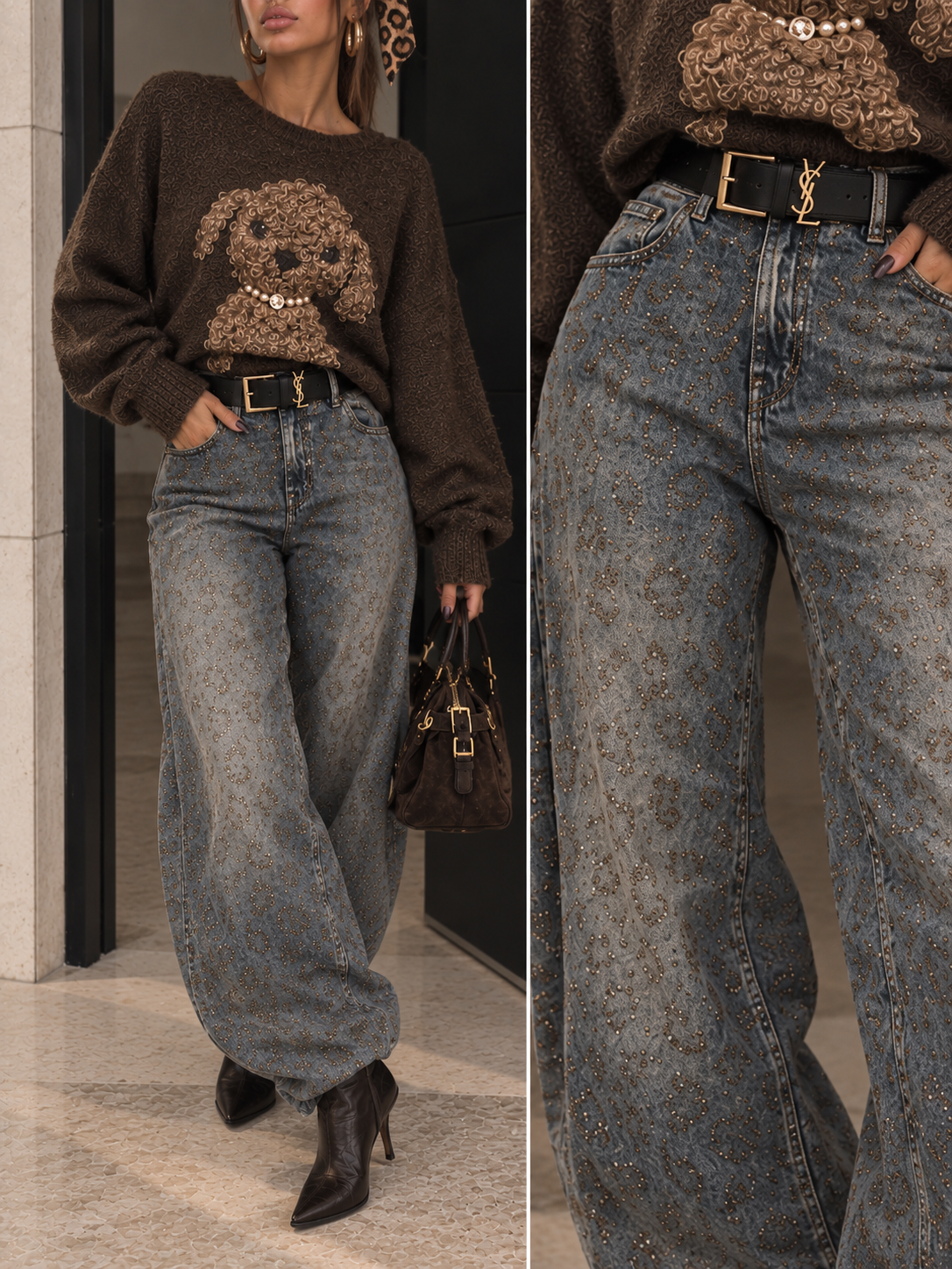 Jeans Balloon Fit con Stampa Animalier e Strass - R.a. Boutique