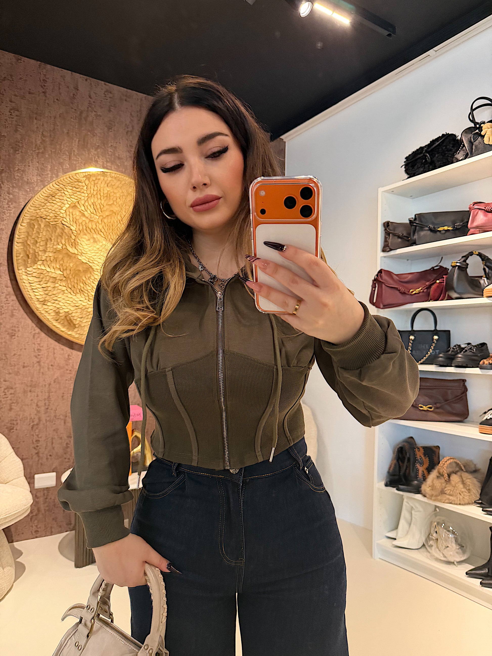 Felpa Cropped con zip e cappuccio - R.a. Boutique