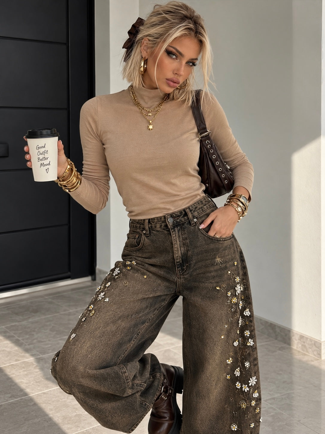 Jeans Gioiello Flower Marrone Washed - R.a. Boutique