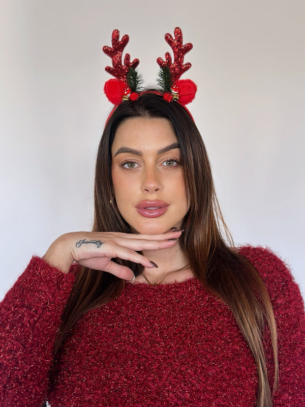 Diadema de reno y lazo rojo