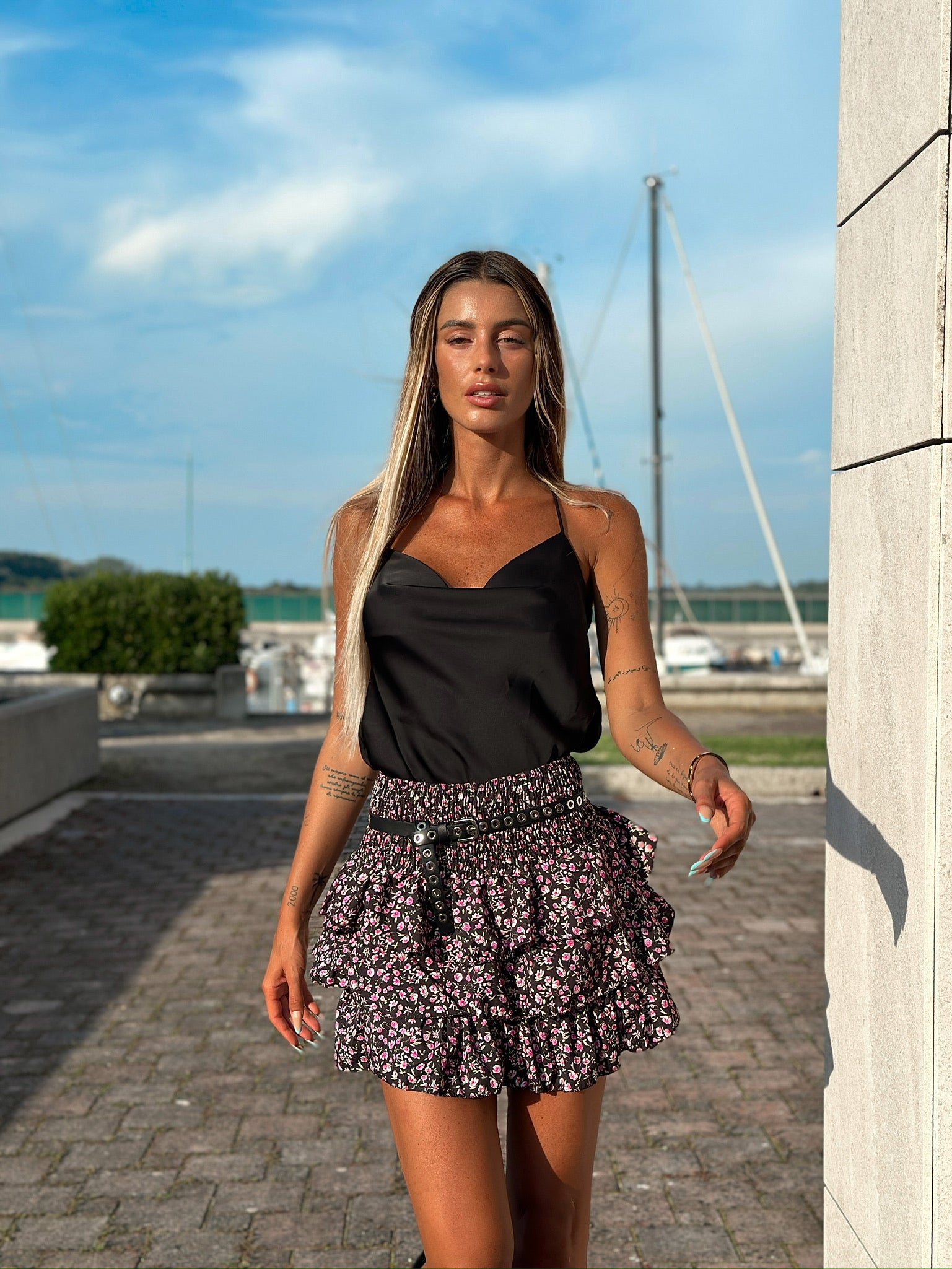 Gonna a balze fiori Fuxia - R.a. Boutique 