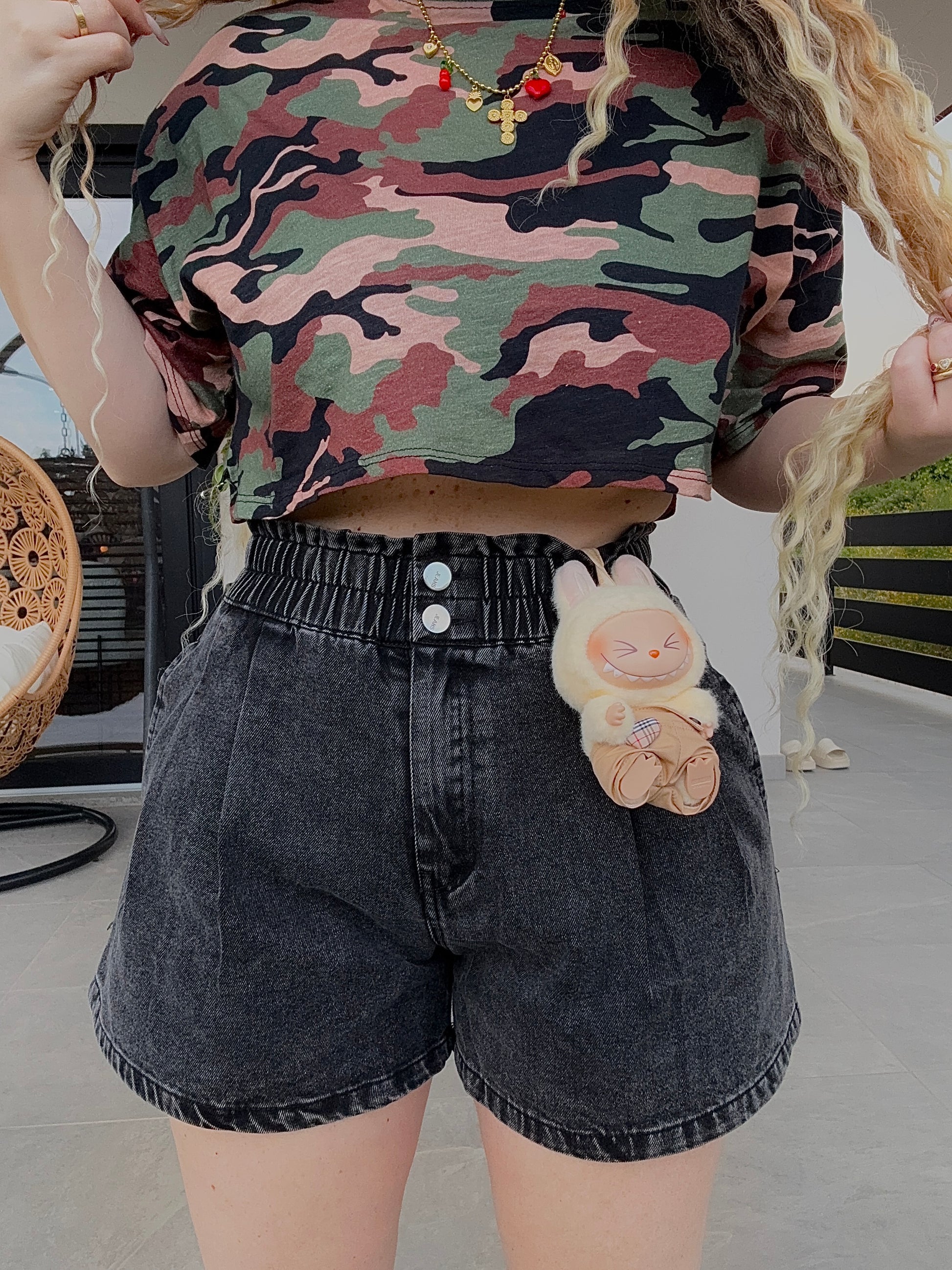 Short in jeans con elastico Black Ash - R.a. Boutique