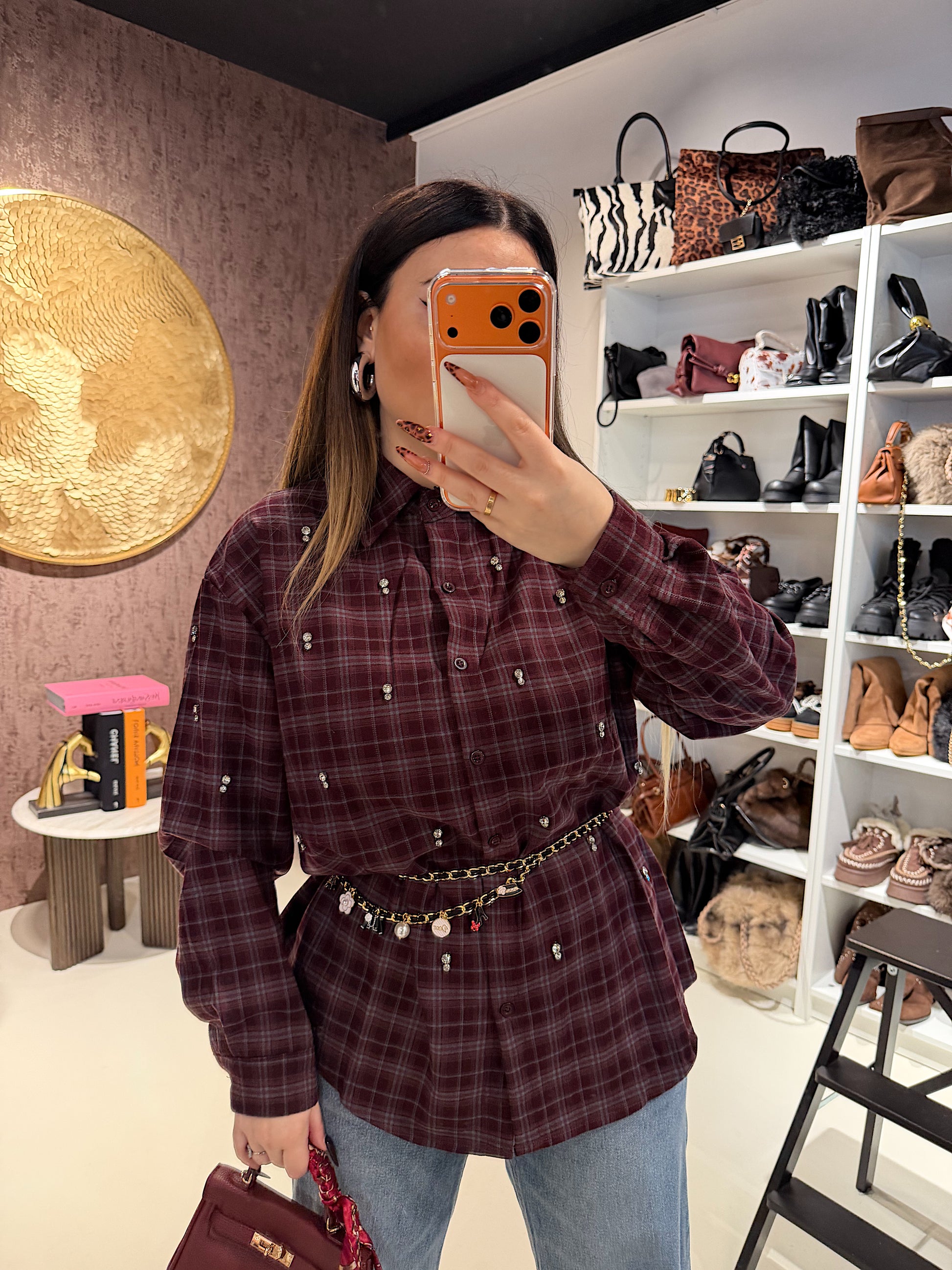 Camicia a quadri bordeaux con strass - R.a. Boutique