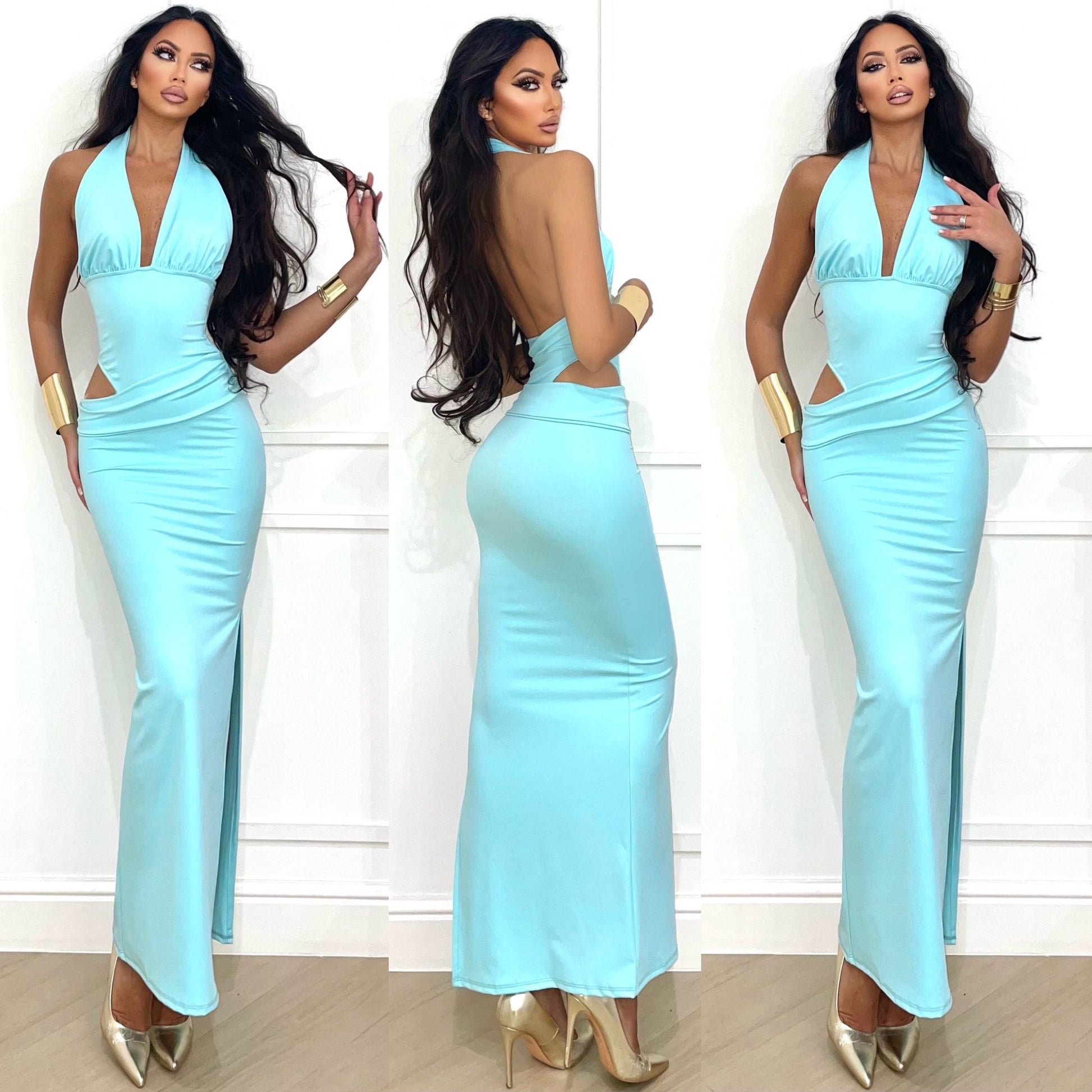 Abito verdeacqua lungo con spacchetto - R.a. Boutique