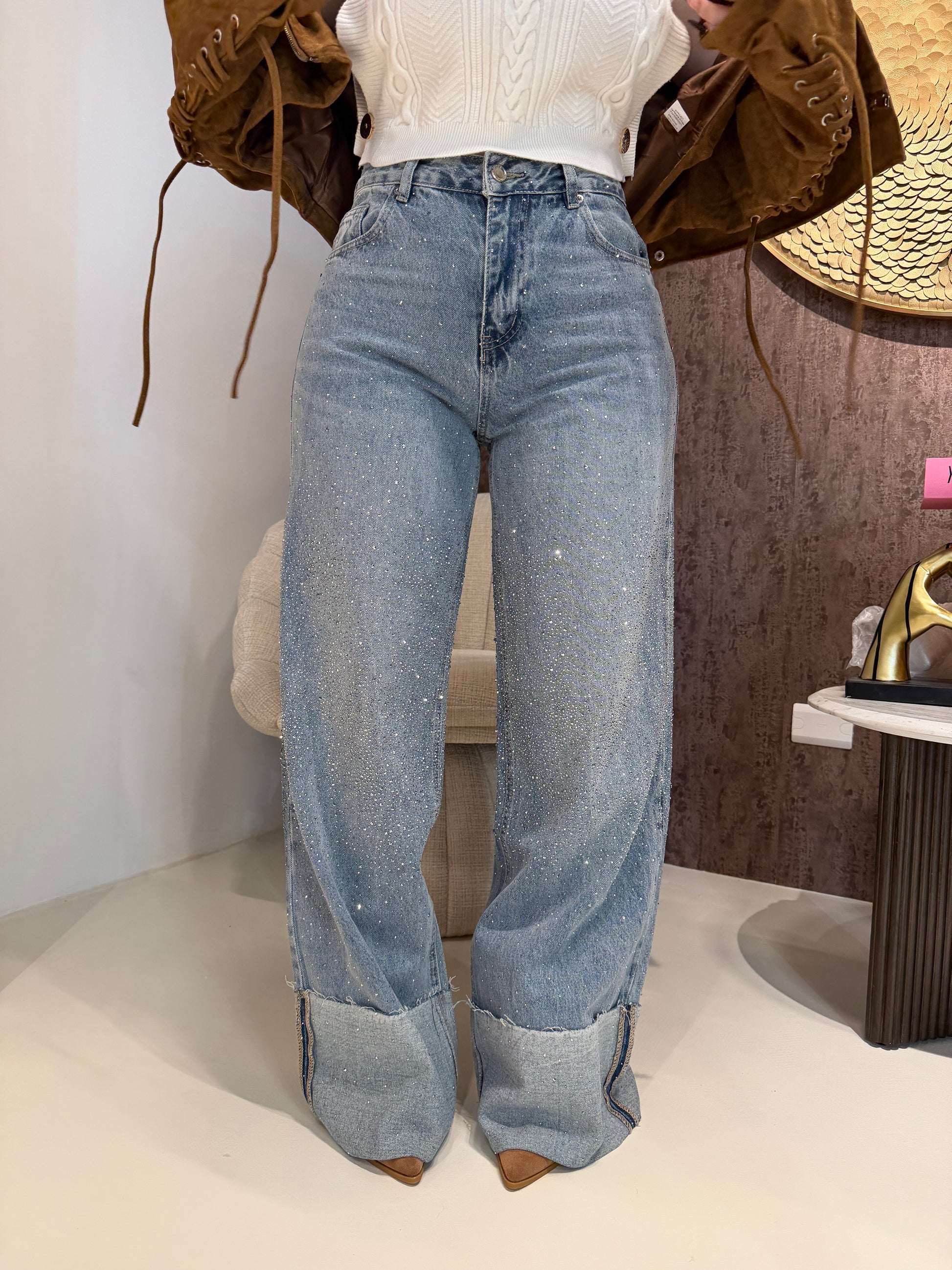 Jeans con risvolto e strass - R.a. Boutique