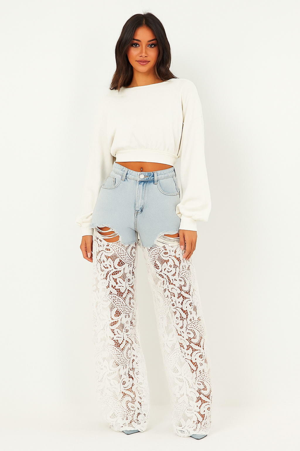 Pantalone in denim con brillantini e pizzo - R.a. Boutique