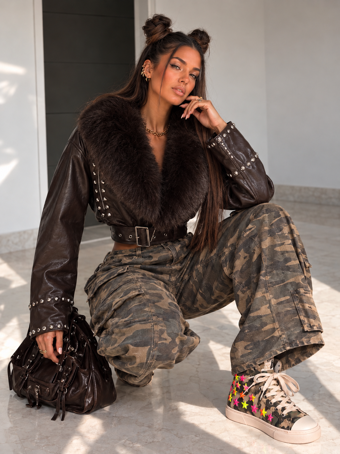 Giacca Biker con Maxi Collo in Pelo e Borchie - R.a. Boutique