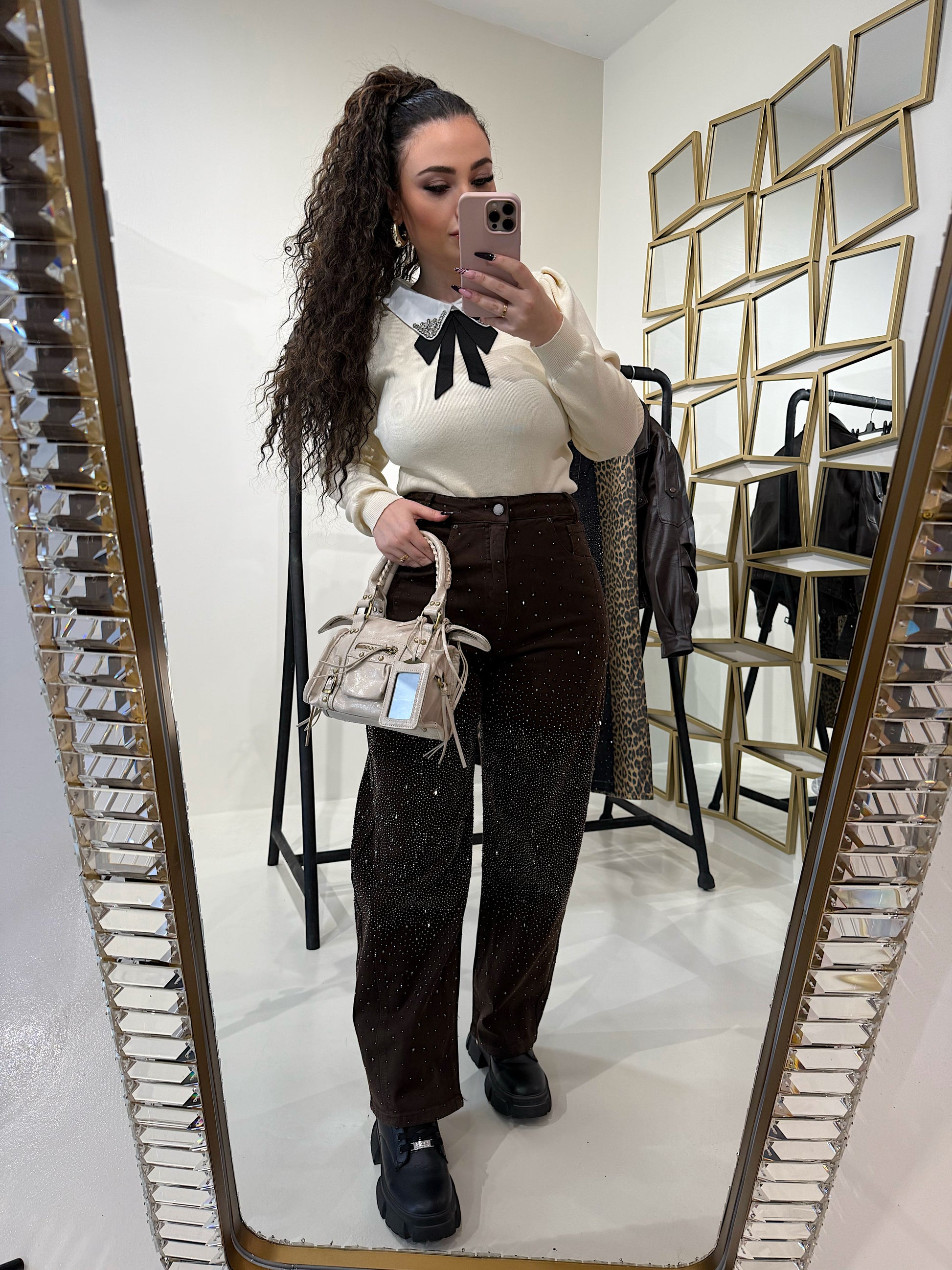 Pantalone con strass choco - R.a. Boutique