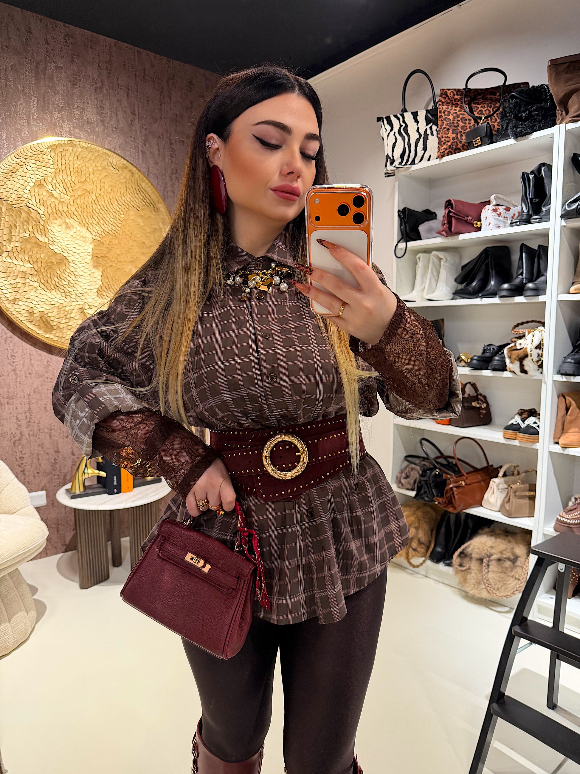 Camicia a quadri con polsino in pizzo - R.a. Boutique