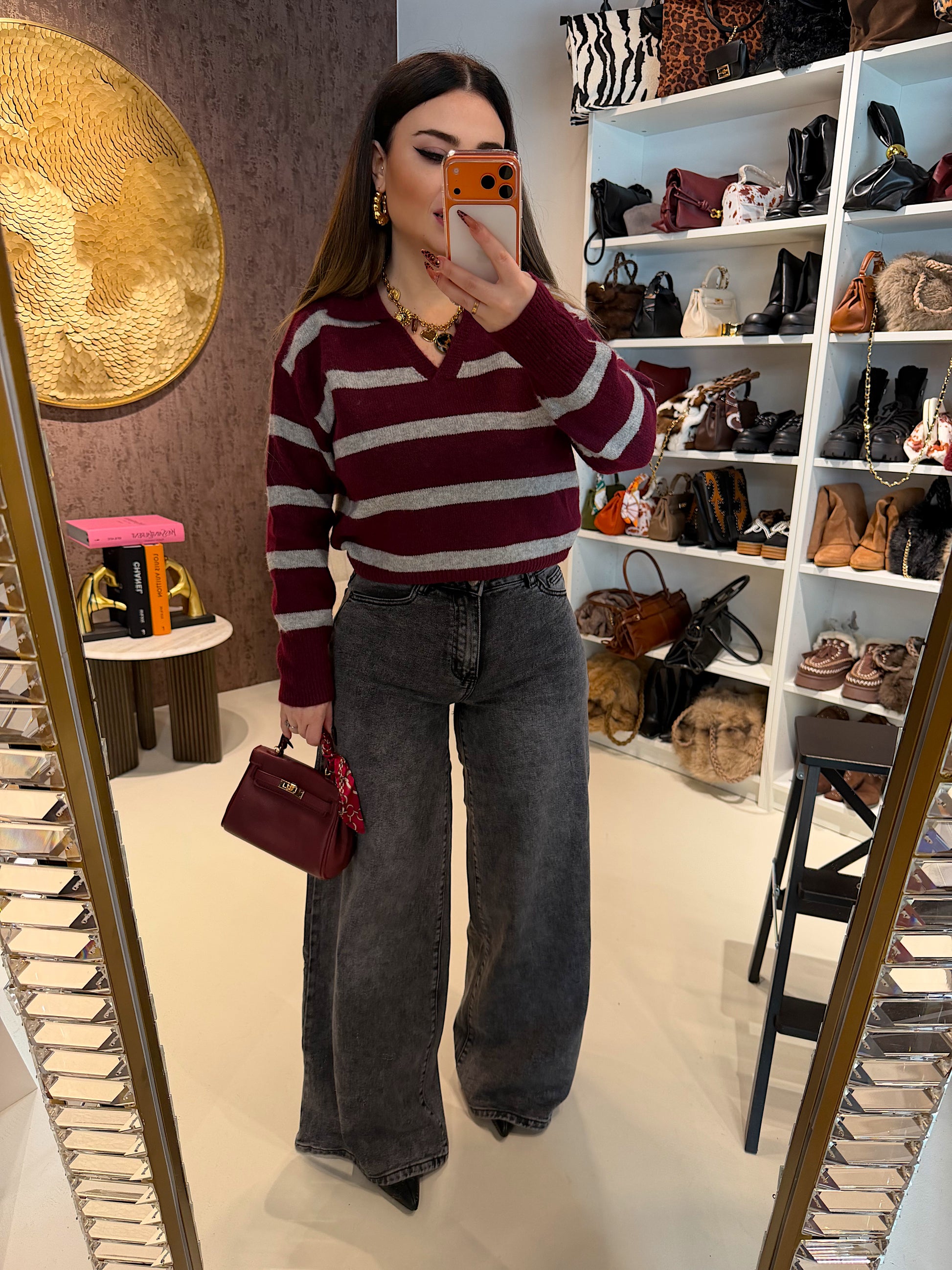 Maglione a righe bordeaux grigio - R.a. Boutique